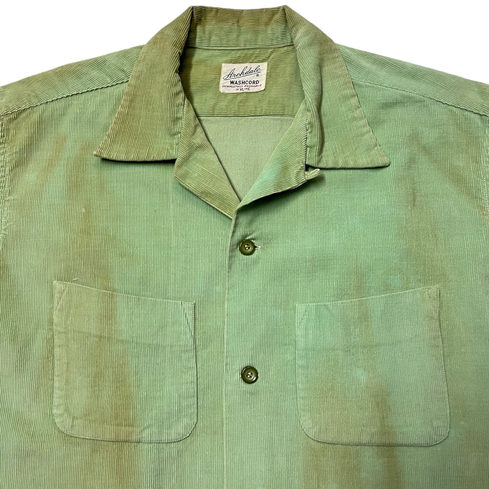 1950s Loop Collar Corduroy Distressed/Stained Shirt - Sea Foam Green - L/XL