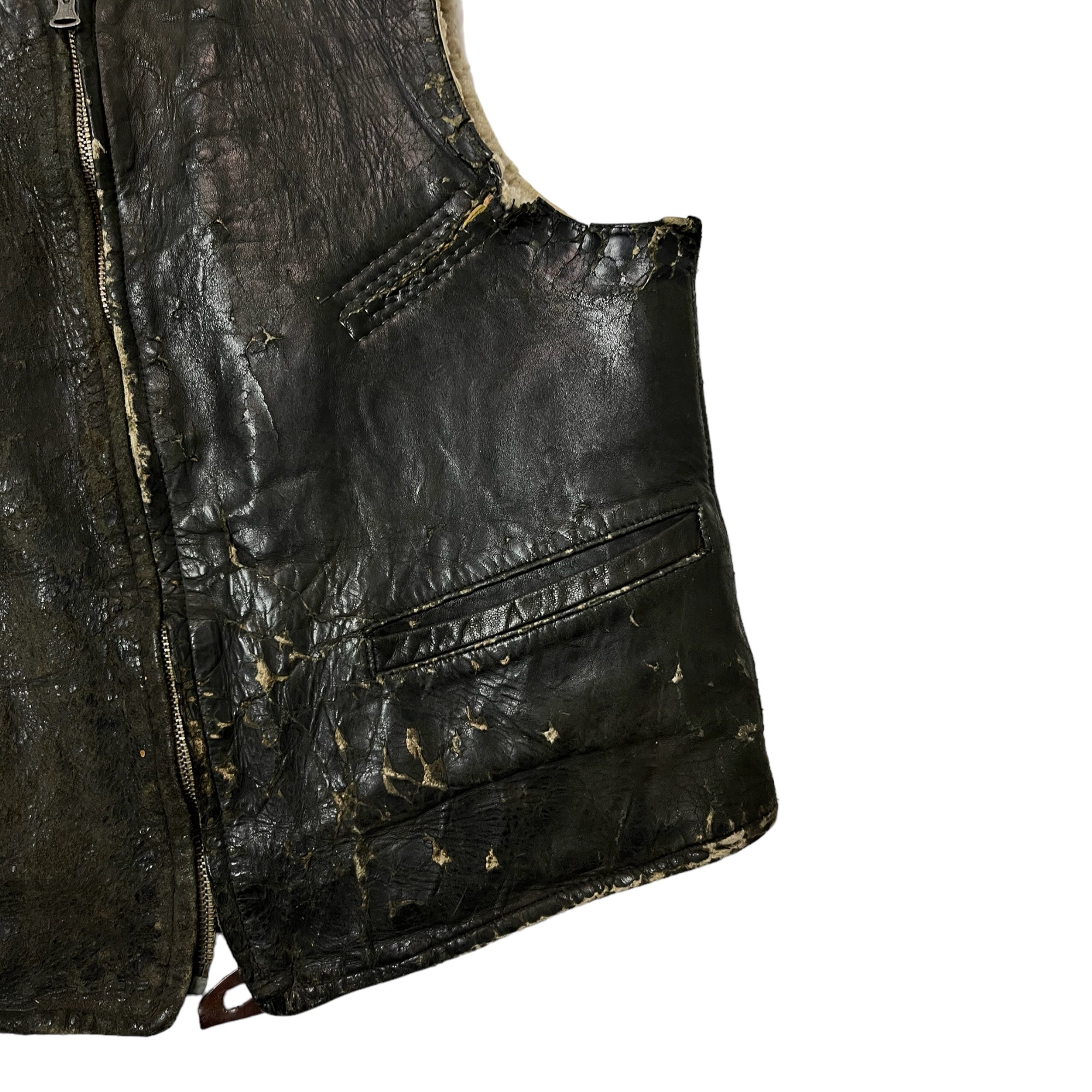 1930s Leather Shearling-Lined Vest with Fishing-Line Repair - Distressed Black - XS/S