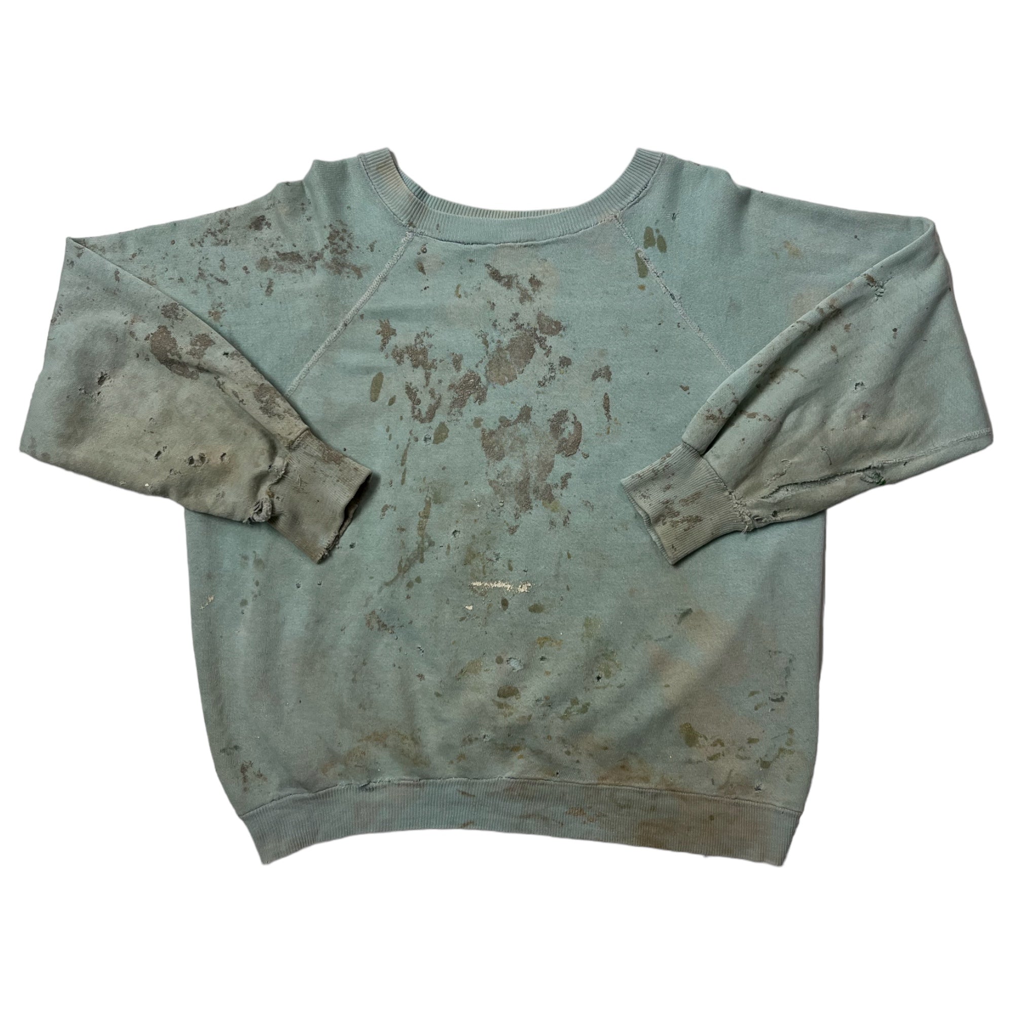 1960s Thrashed Raglan-Cut Painter Sweatshirt - Faded Sea-Foam Green - M/L