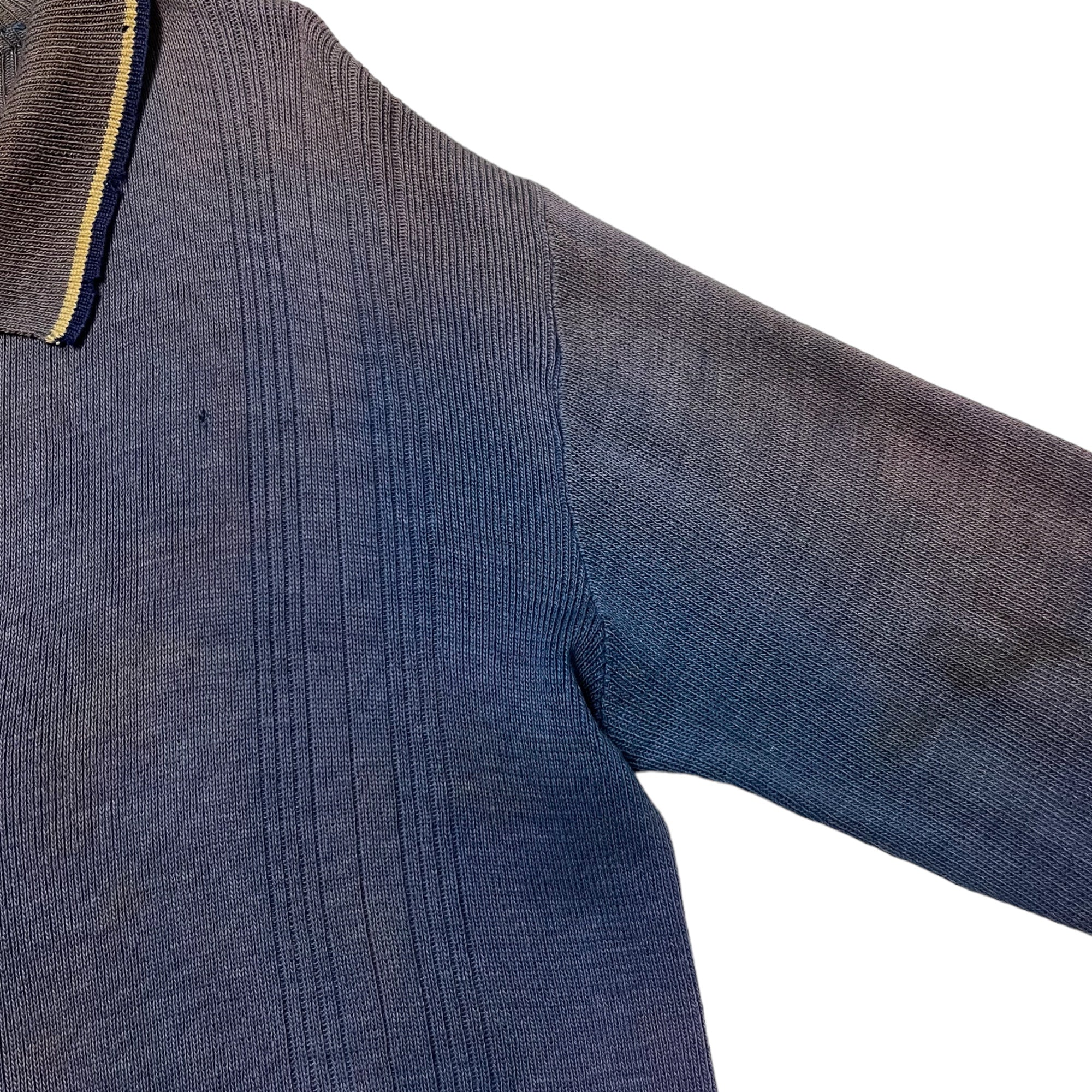1940s Sun Faded German Knit Collared Cardigan Sweater - Blue/Brown - S/M