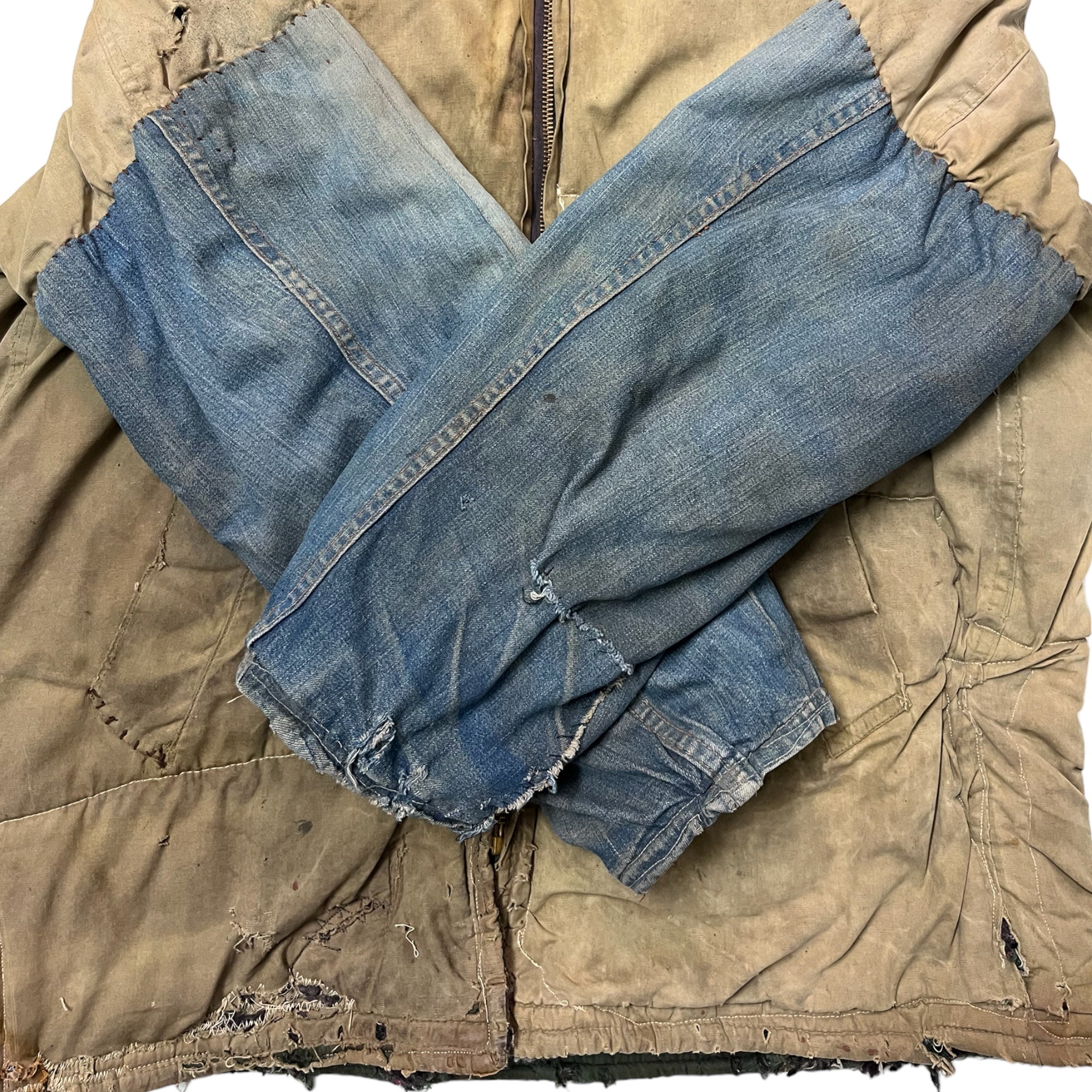 1950s/60s Distressed Civilian Deck Jacket with Denim ‘Leg’ Repaired Sleeves - Dirty Khaki Tan - M/L