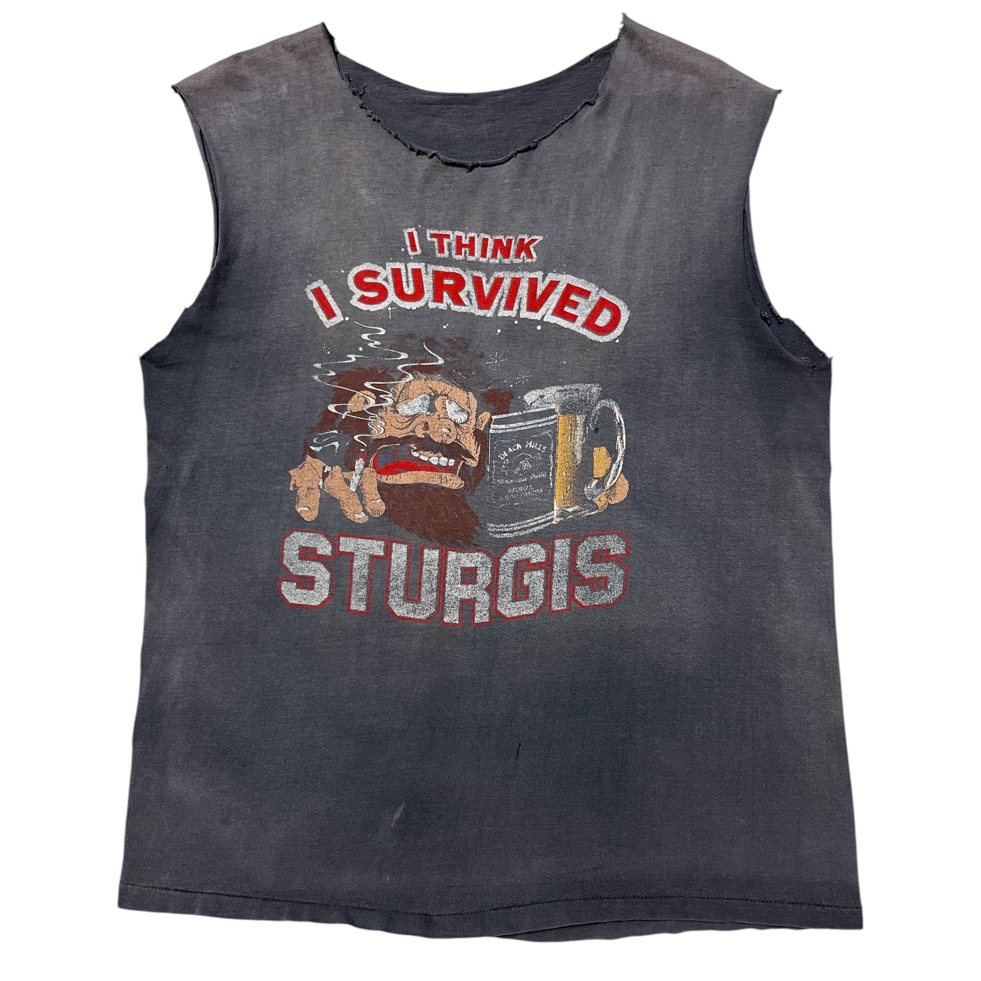 1970s/80s ‘I Think I Survived Sturgis’ Harley-Davidson Cutoff - Sun Faded Black  - L