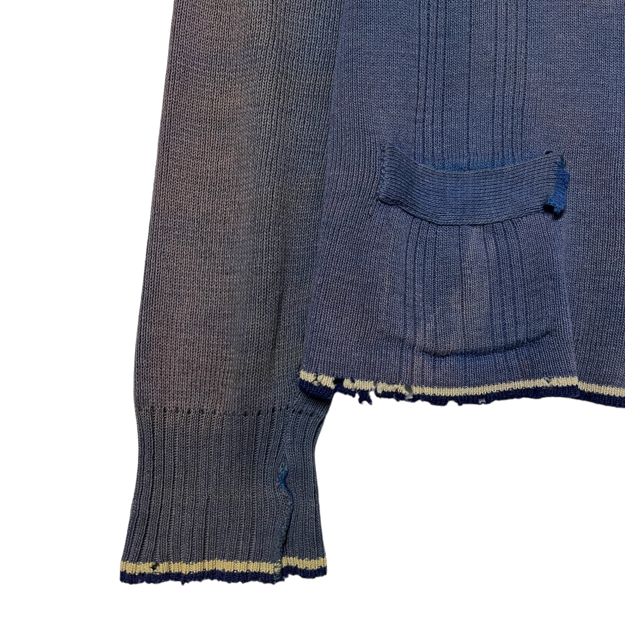 1940s Sun Faded German Knit Collared Cardigan Sweater - Blue/Brown - S/M
