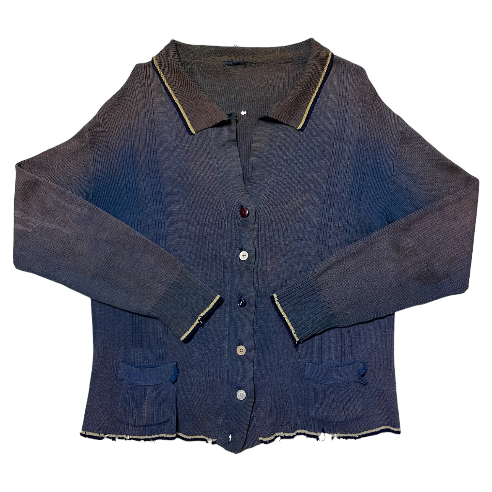 1940s Sun Faded German Knit Collared Cardigan Sweater - Blue/Brown - S/M