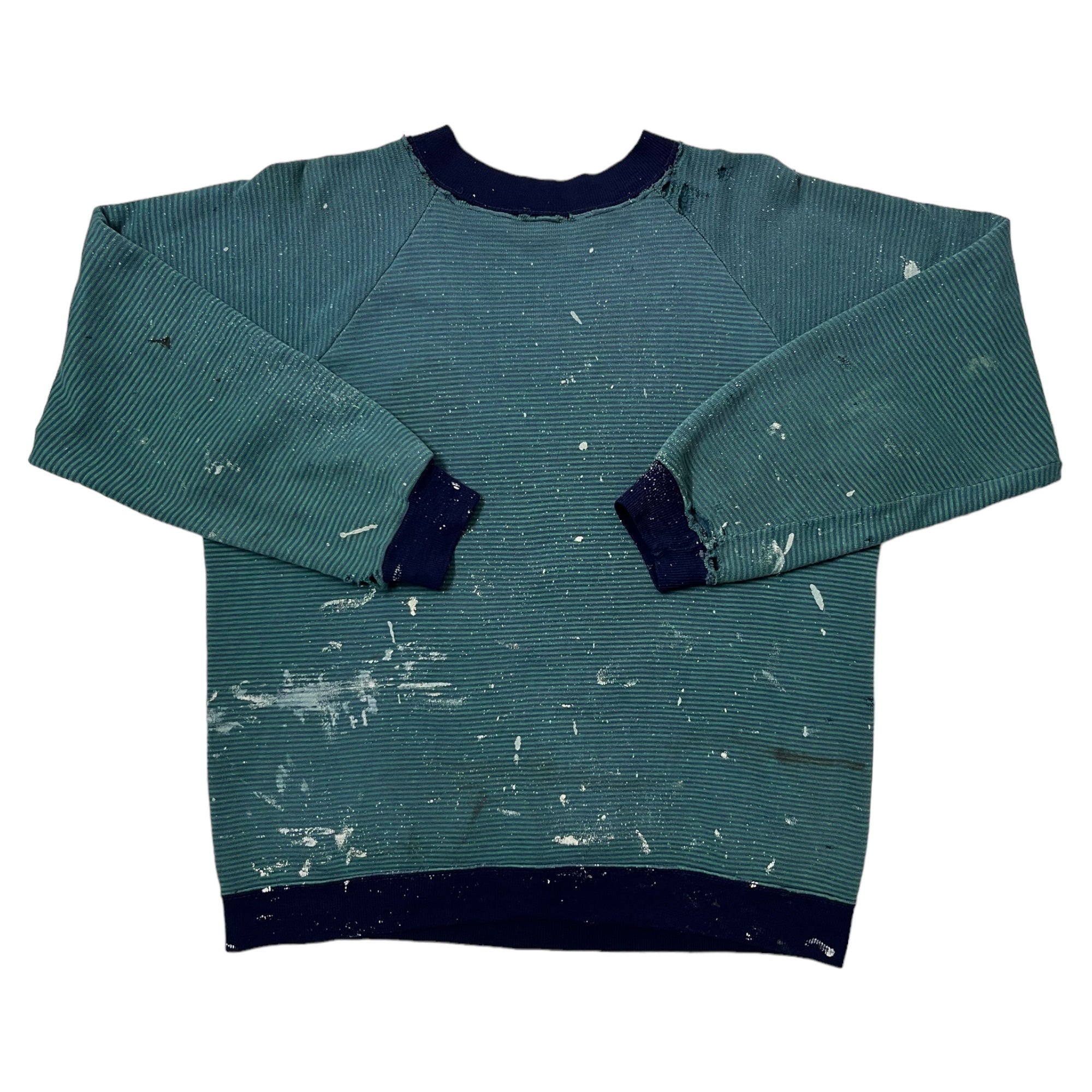 1970s Distressed Painter Raglan Striped Sweatshirt - Green/Navy - M
