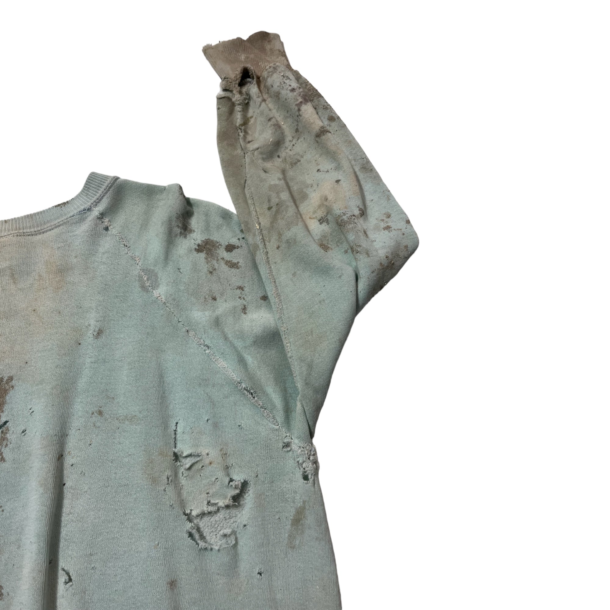 1960s Thrashed Raglan-Cut Painter Sweatshirt - Faded Sea-Foam Green - M/L