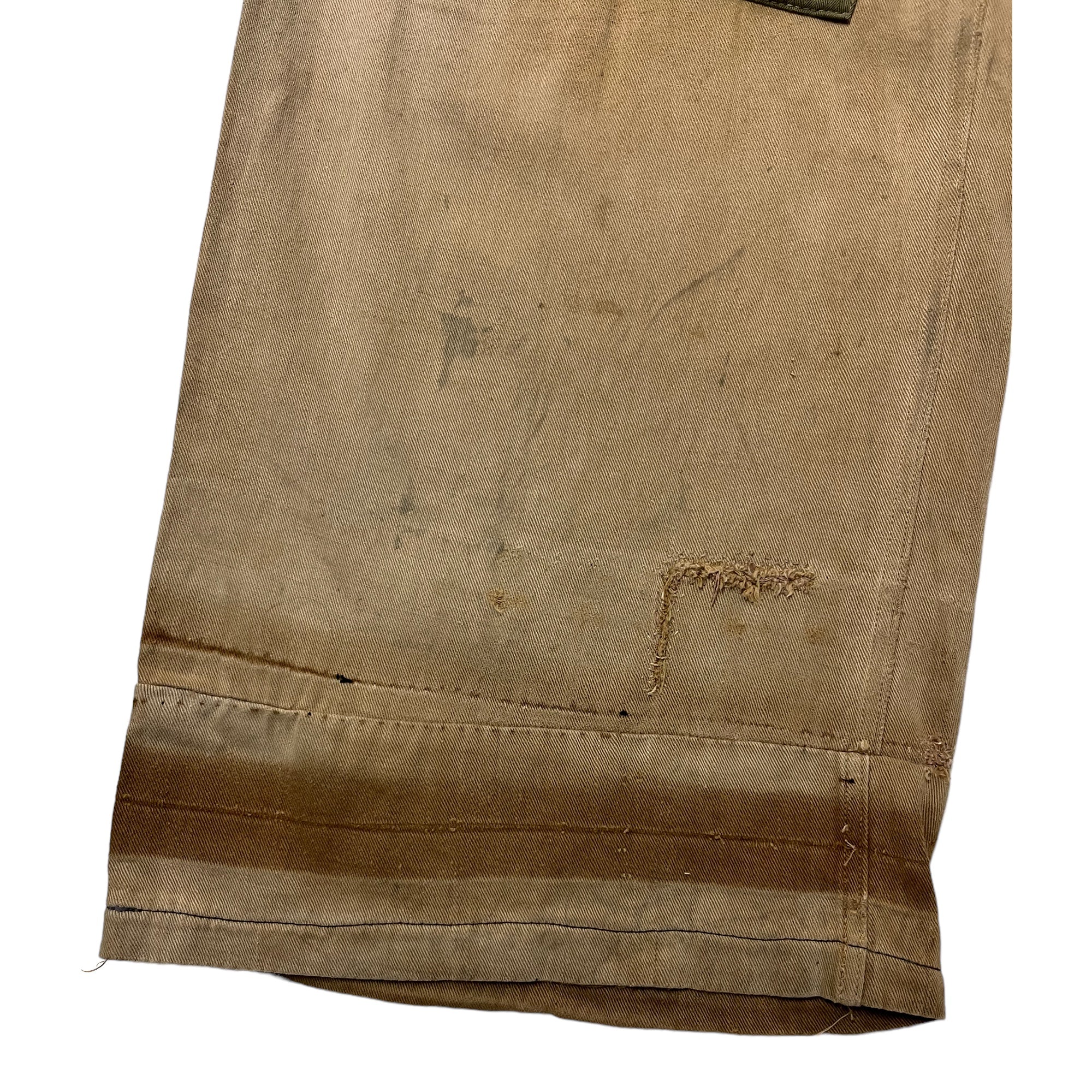 1930s Au Molinel French Tan Moleskin Heavily Repaired Work Trousers - Faded Tan - 30/27