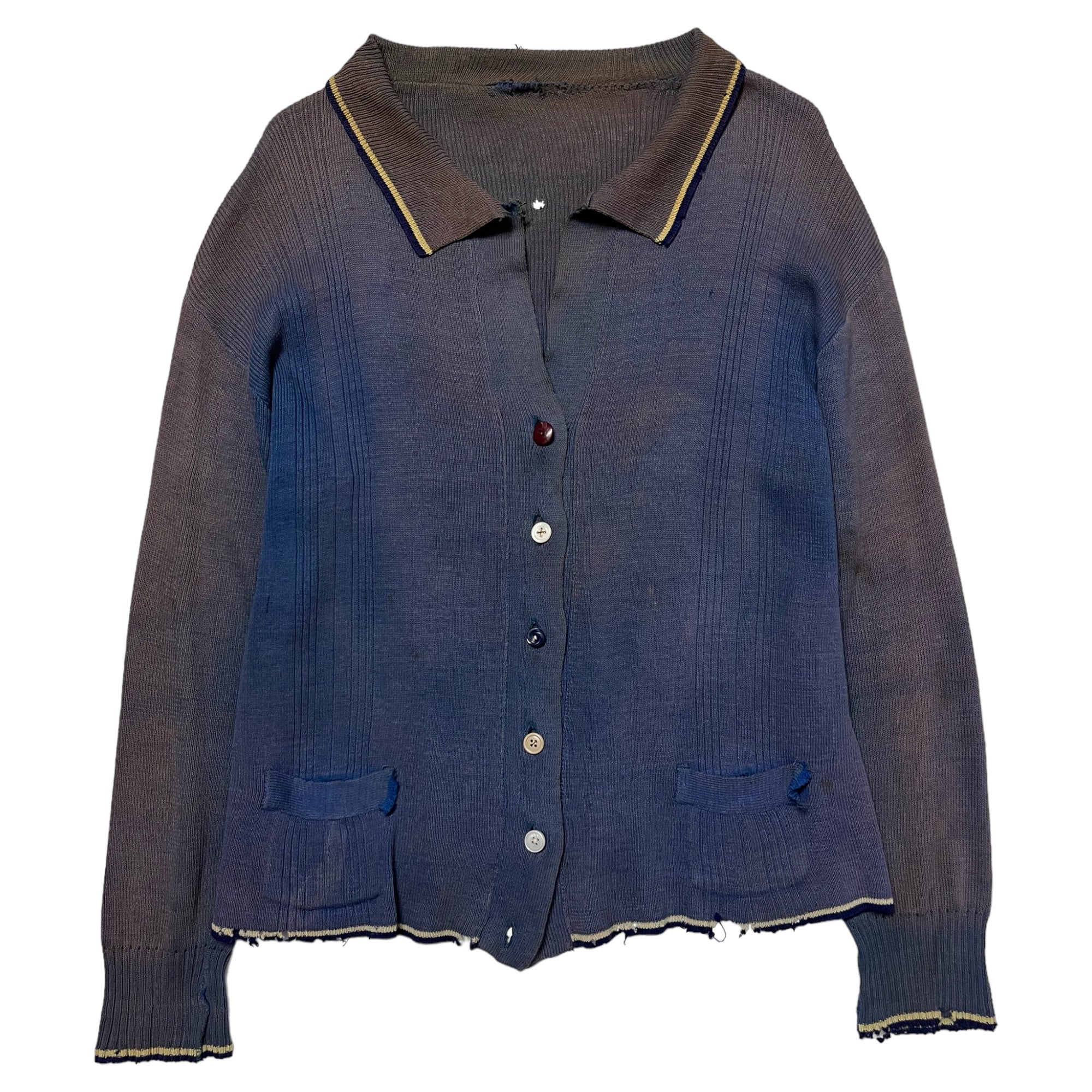 1940s Sun Faded German Knit Collared Cardigan Sweater - Blue/Brown - S/M