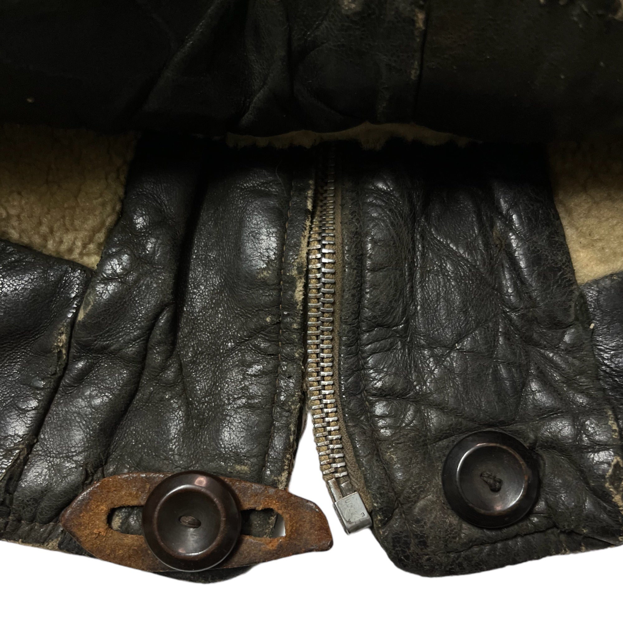 1930s Leather Shearling-Lined Vest with Fishing-Line Repair - Distressed Black - XS/S