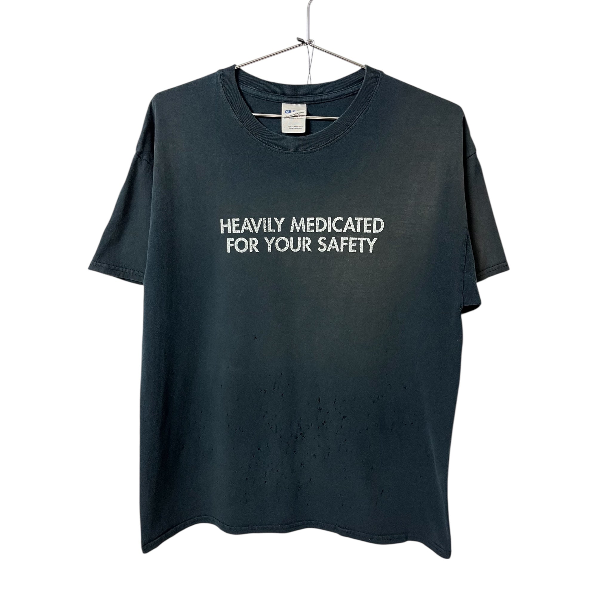 ‘90s/Y2K ‘Heavily Medicated’ Distressed T-Shirt - Sun Faded Black - L