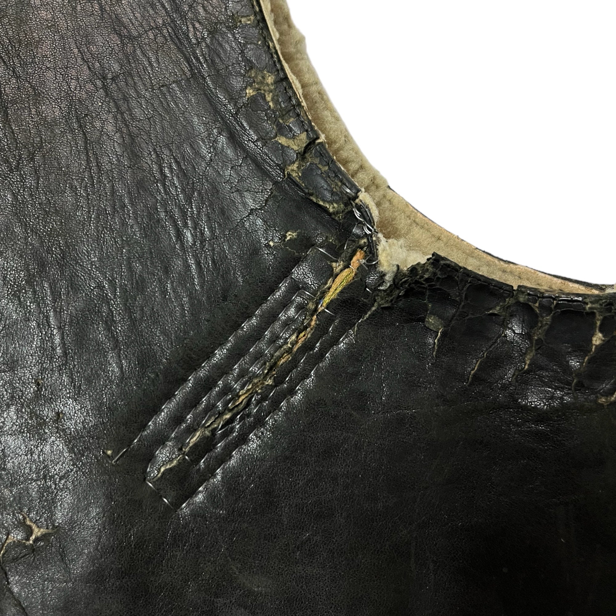 1930s Leather Shearling-Lined Vest with Fishing-Line Repair - Distressed Black - XS/S