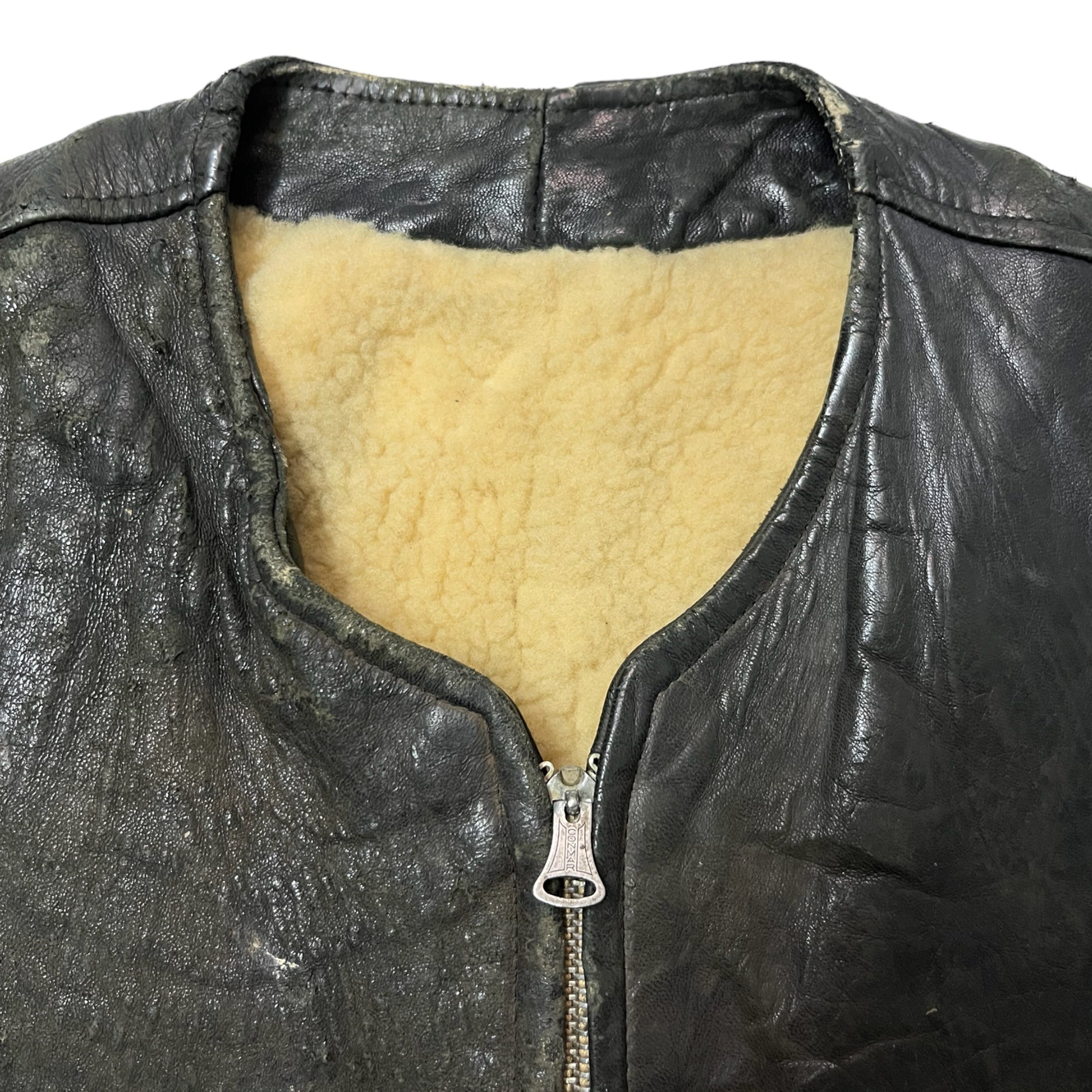 1930s Leather Shearling-Lined Vest with Fishing-Line Repair - Distressed Black - XS/S