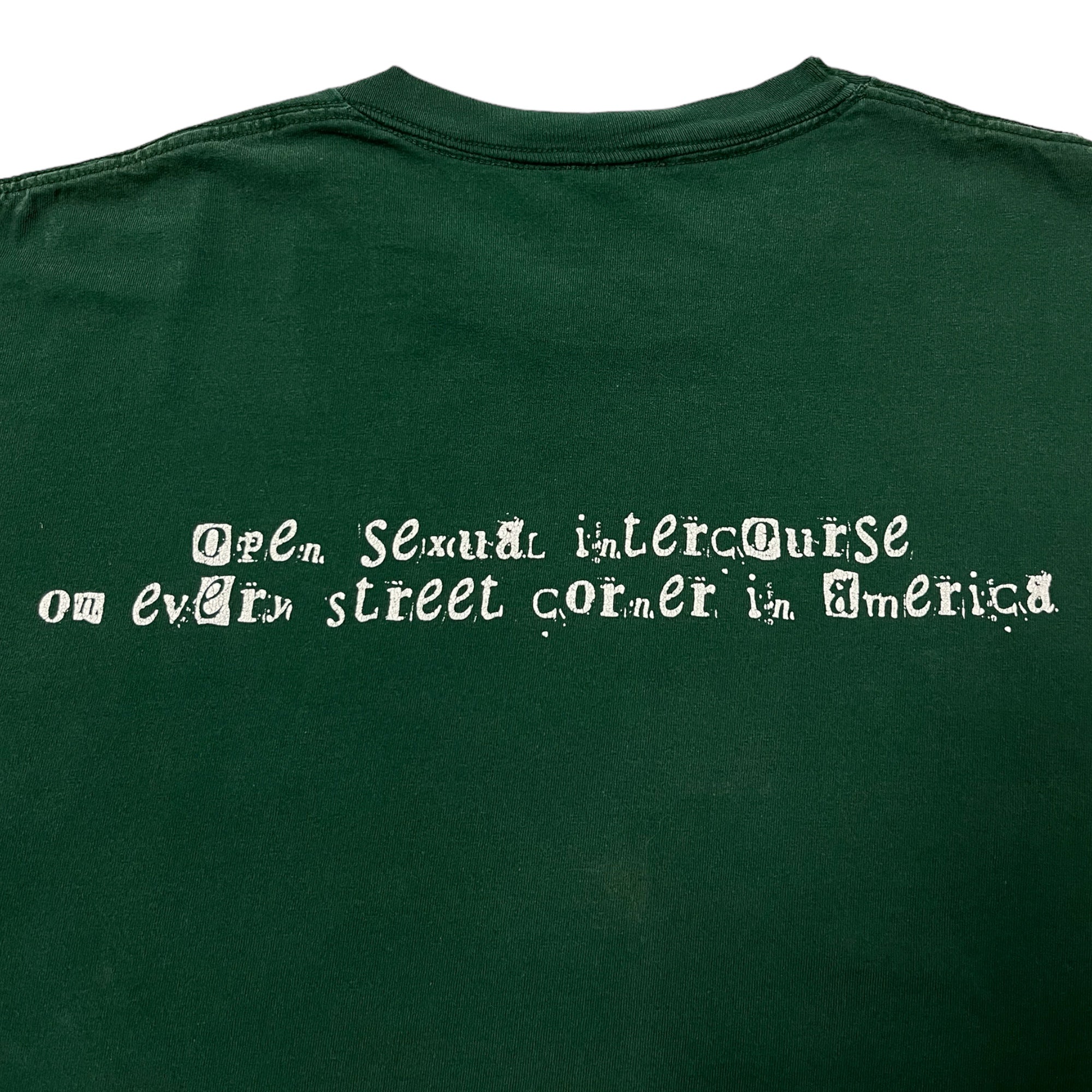 Distressed Late 90s Dink ‘Open Sexual Intercourse’ Band T-Shirt - Forest Green - XL