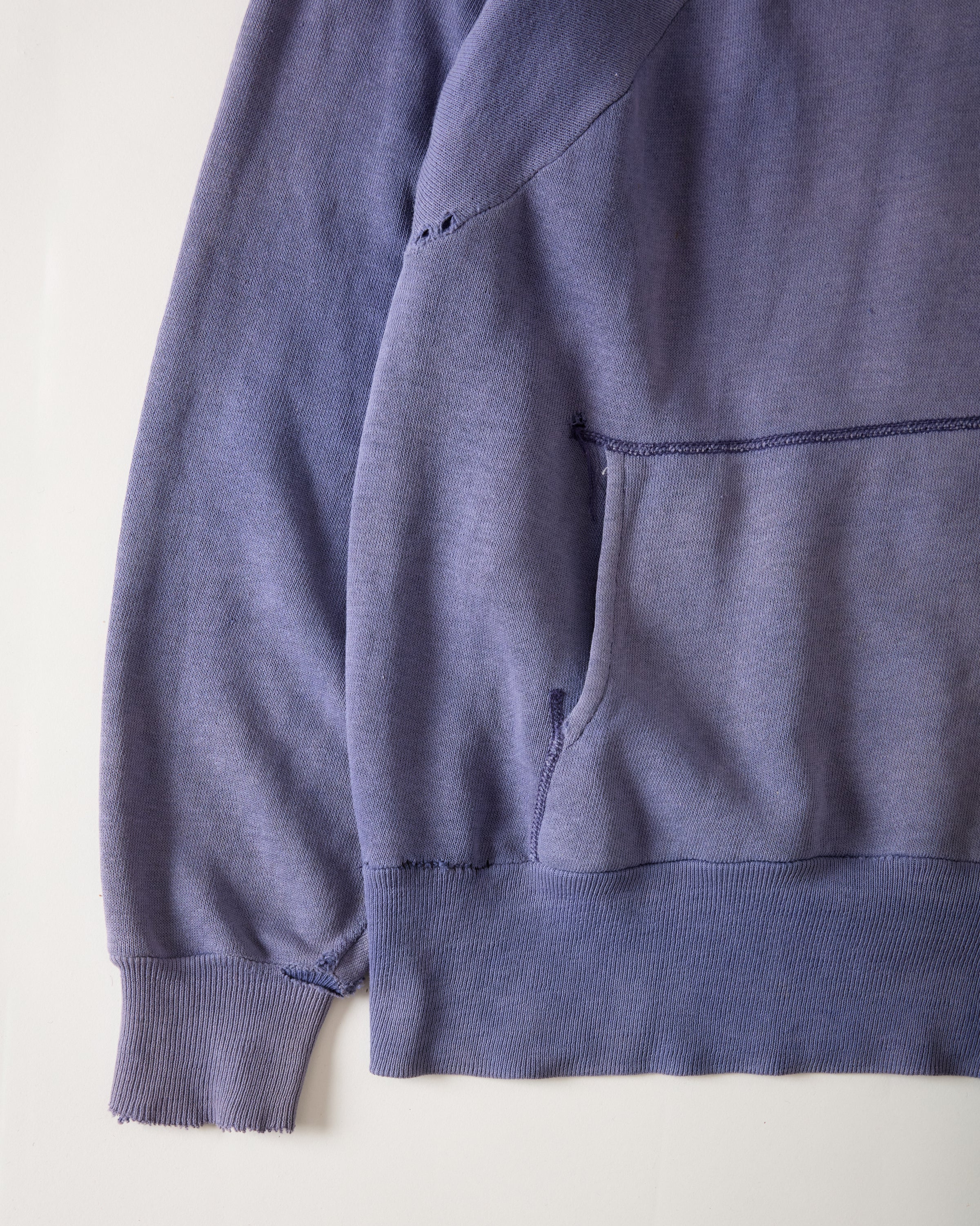 1960s Distressed & Repaired Hooded Raglan-Cut Sweatshirt - Faded Navy/Eggplant - M/L