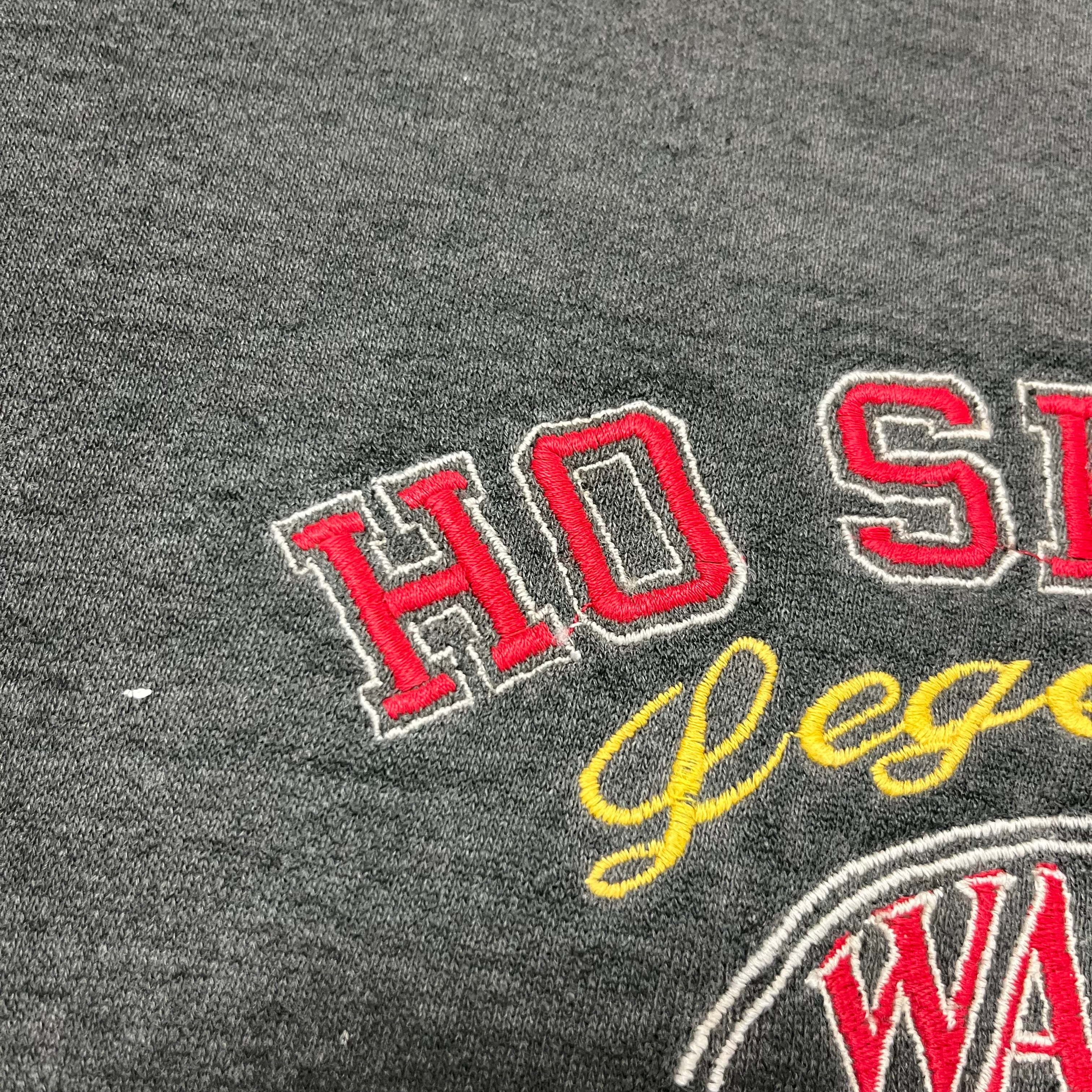 1990s Embroidered ‘Ho Sports’ Distressed Crewneck Sweatshirt - Sun Faded Black - XL