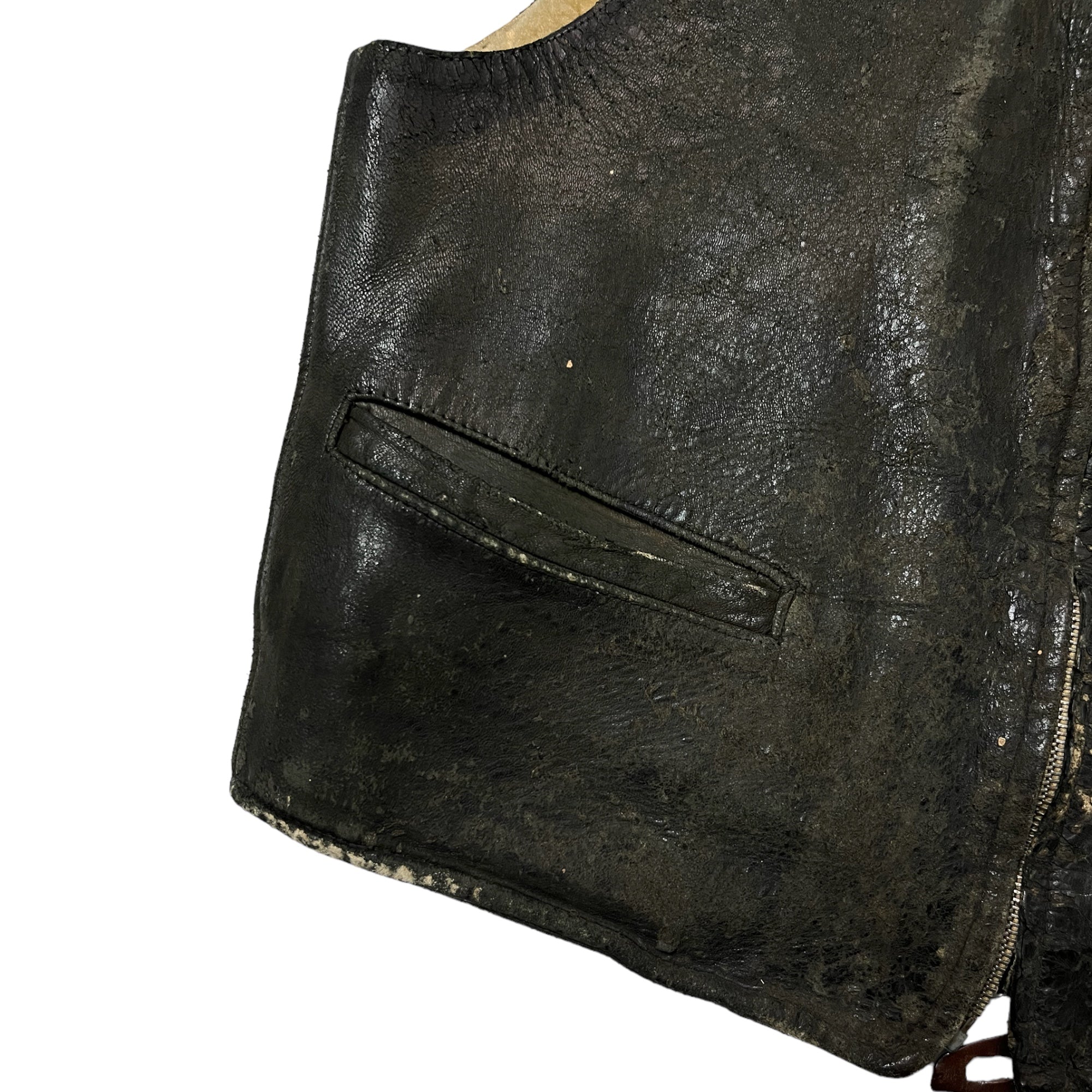 1930s Leather Shearling-Lined Vest with Fishing-Line Repair - Distressed Black - XS/S