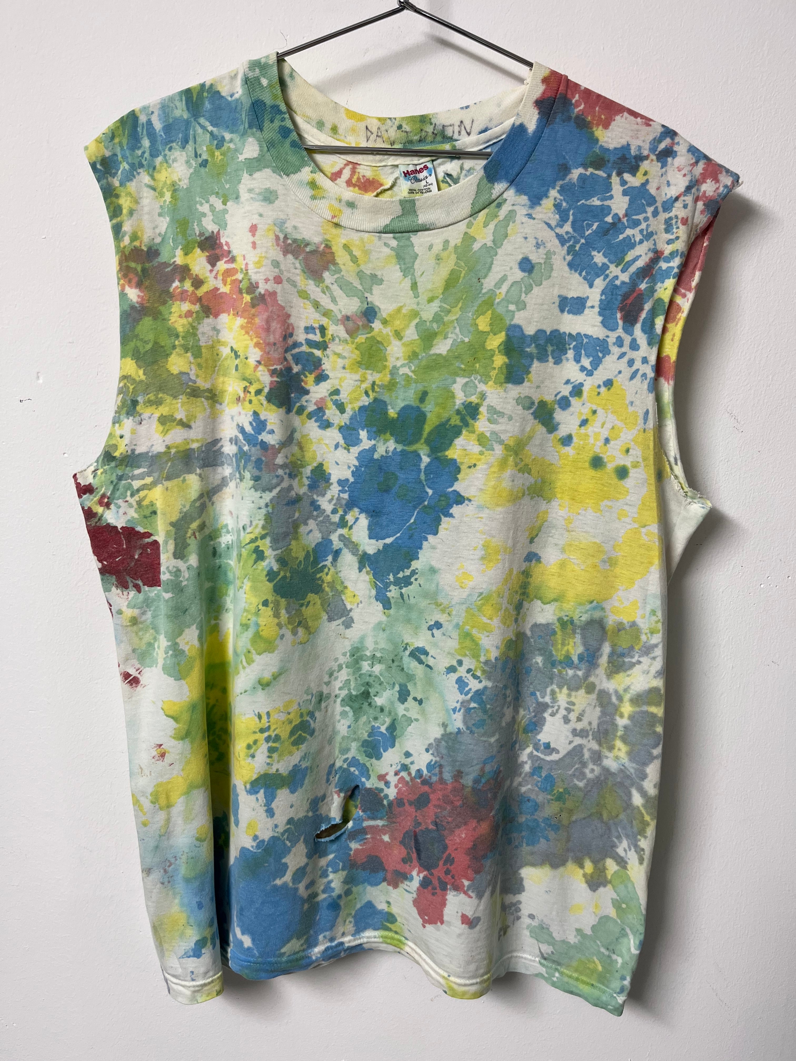 1980s Distressed Tie-Dye Tank - Faded Multicolor - L