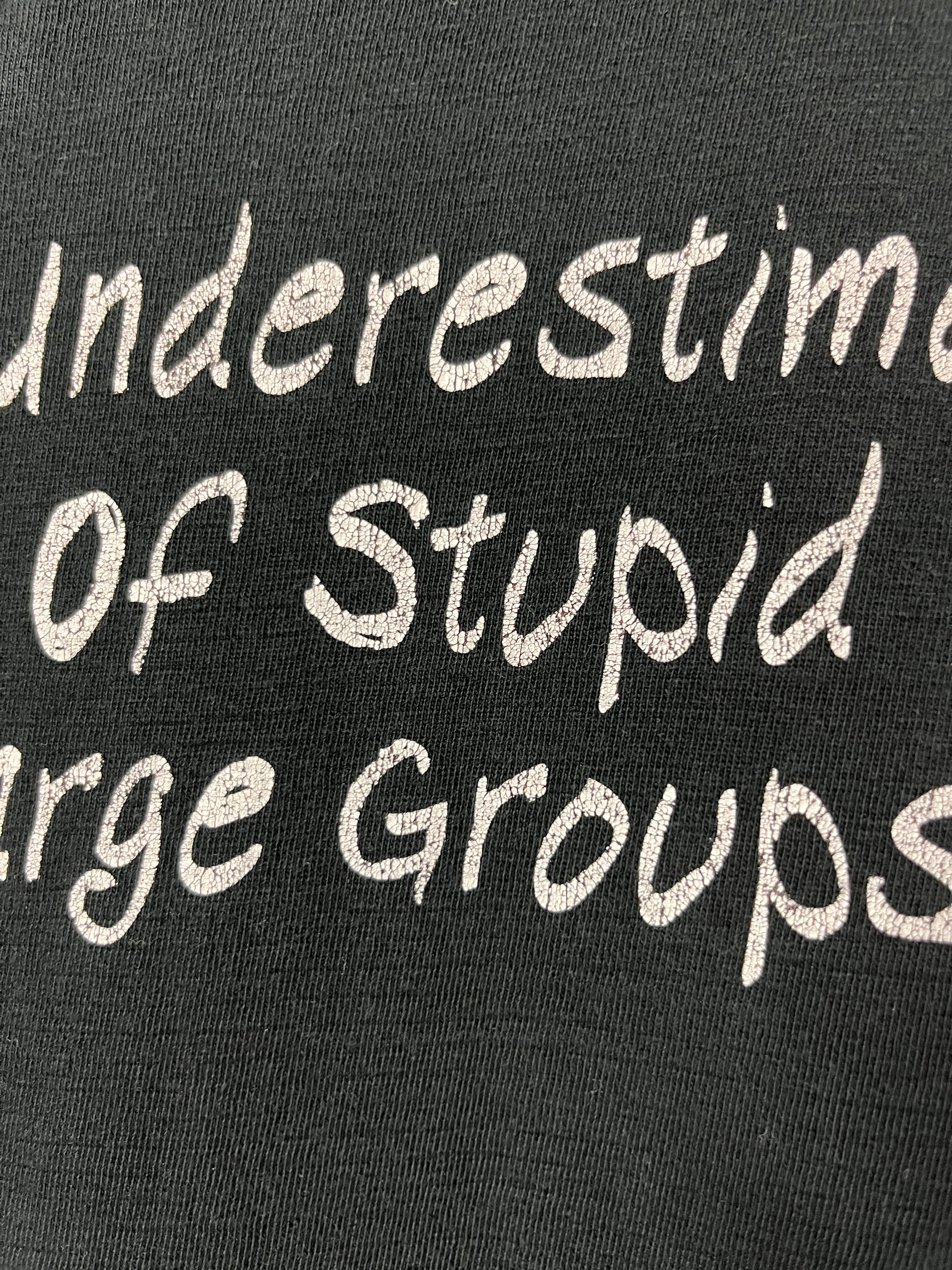 Late 90s/Early ‘00s ‘Never Underestimate the Power of Stupid People’ Distressed T-Shirt - Faded Black - L/XL