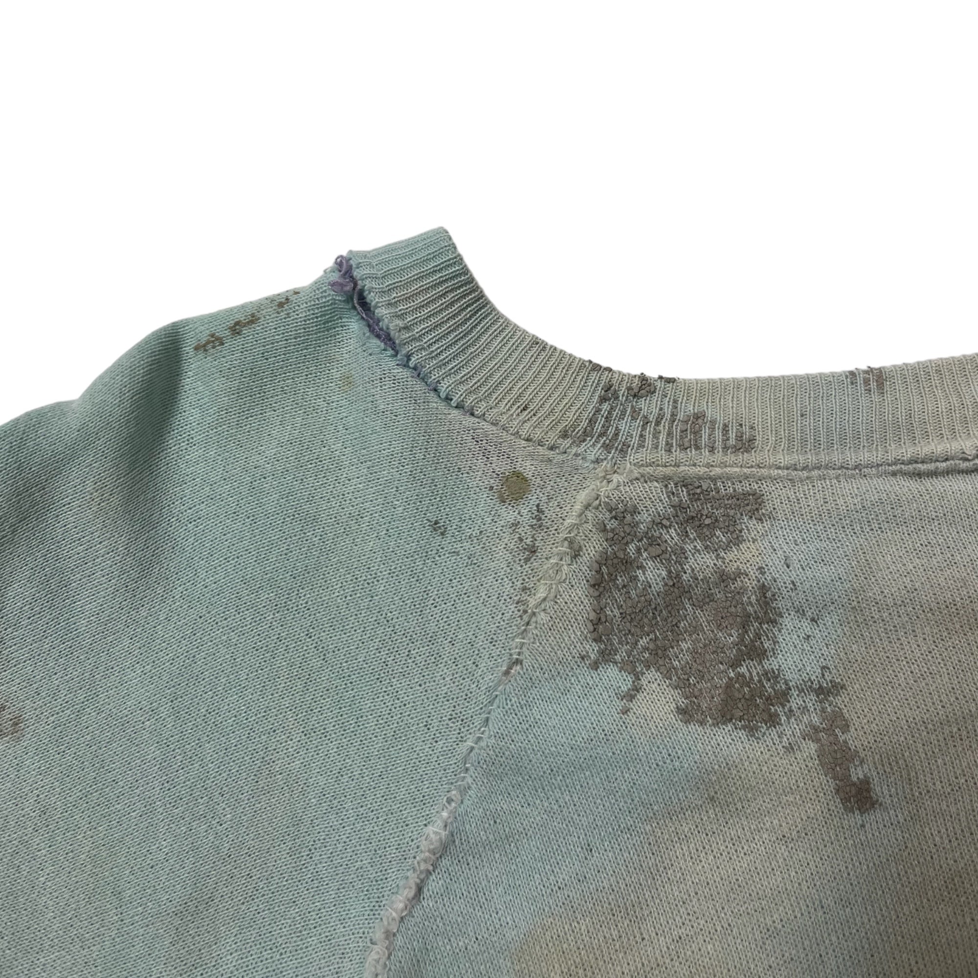 1960s Thrashed Raglan-Cut Painter Sweatshirt - Faded Sea-Foam Green - M/L