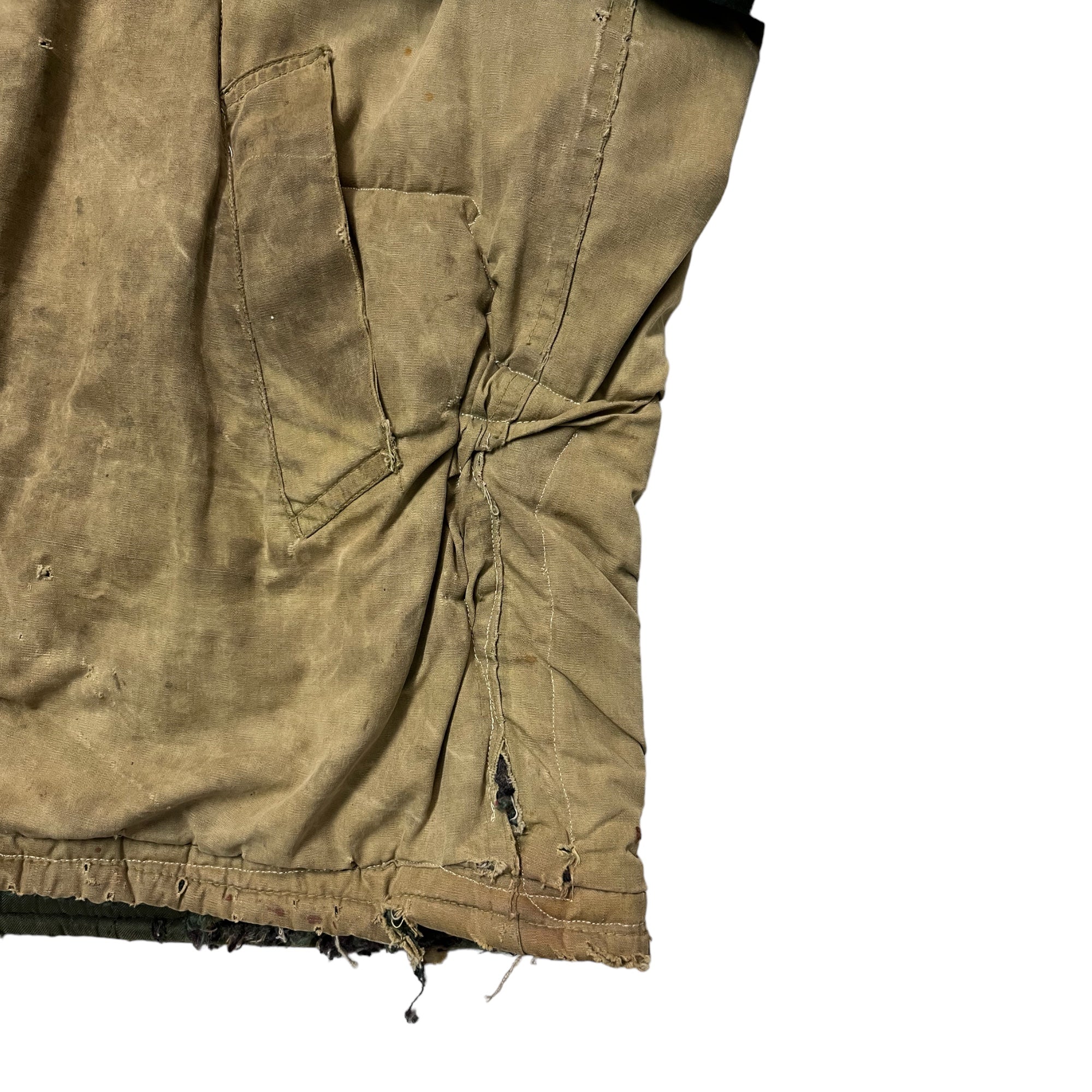 1950s/60s Distressed Civilian Deck Jacket with Denim ‘Leg’ Repaired Sleeves - Dirty Khaki Tan - M/L