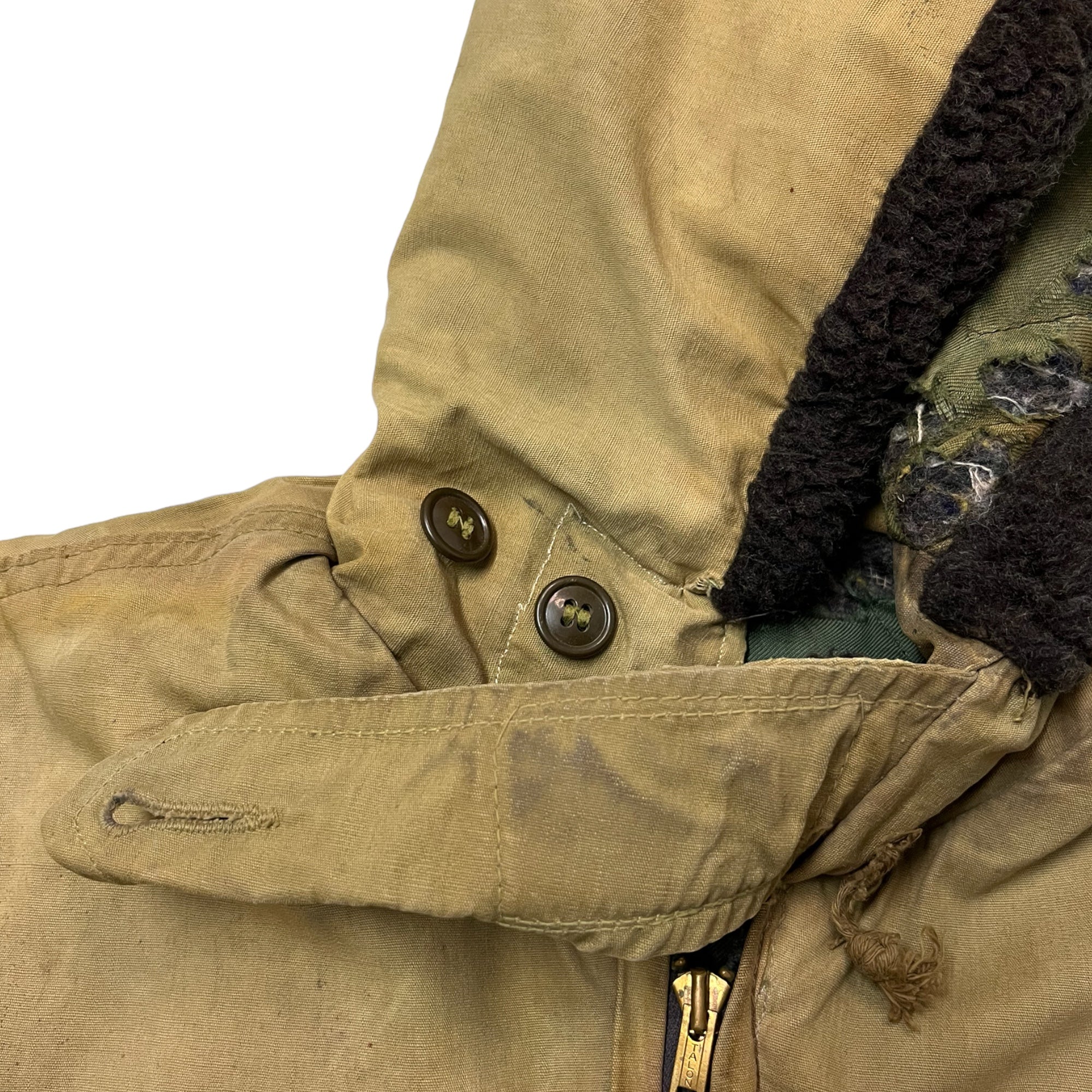1950s/60s Distressed Civilian Deck Jacket with Denim ‘Leg’ Repaired Sleeves - Dirty Khaki Tan - M/L