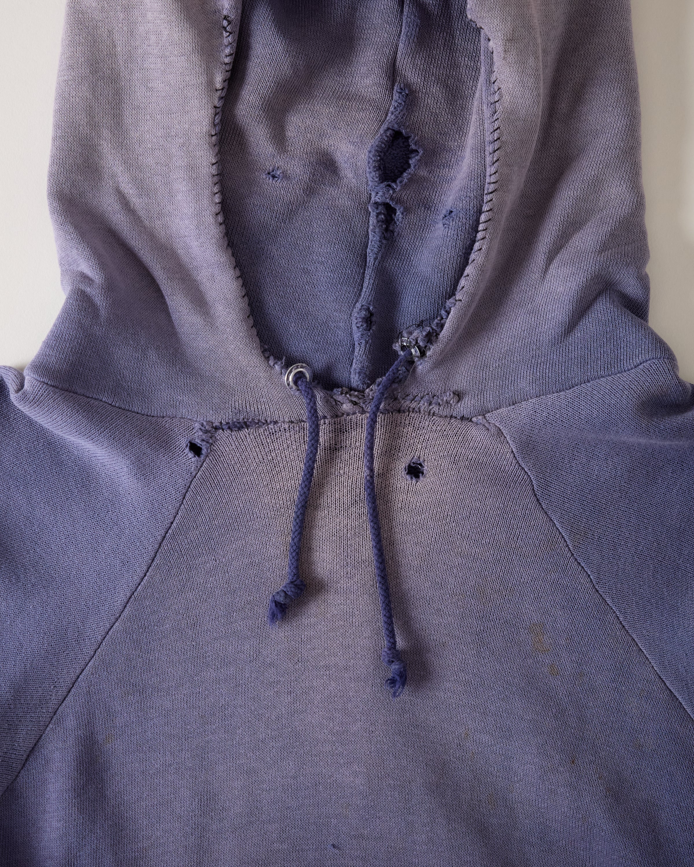 1960s Distressed & Repaired Hooded Raglan-Cut Sweatshirt - Faded Navy/Eggplant - M/L