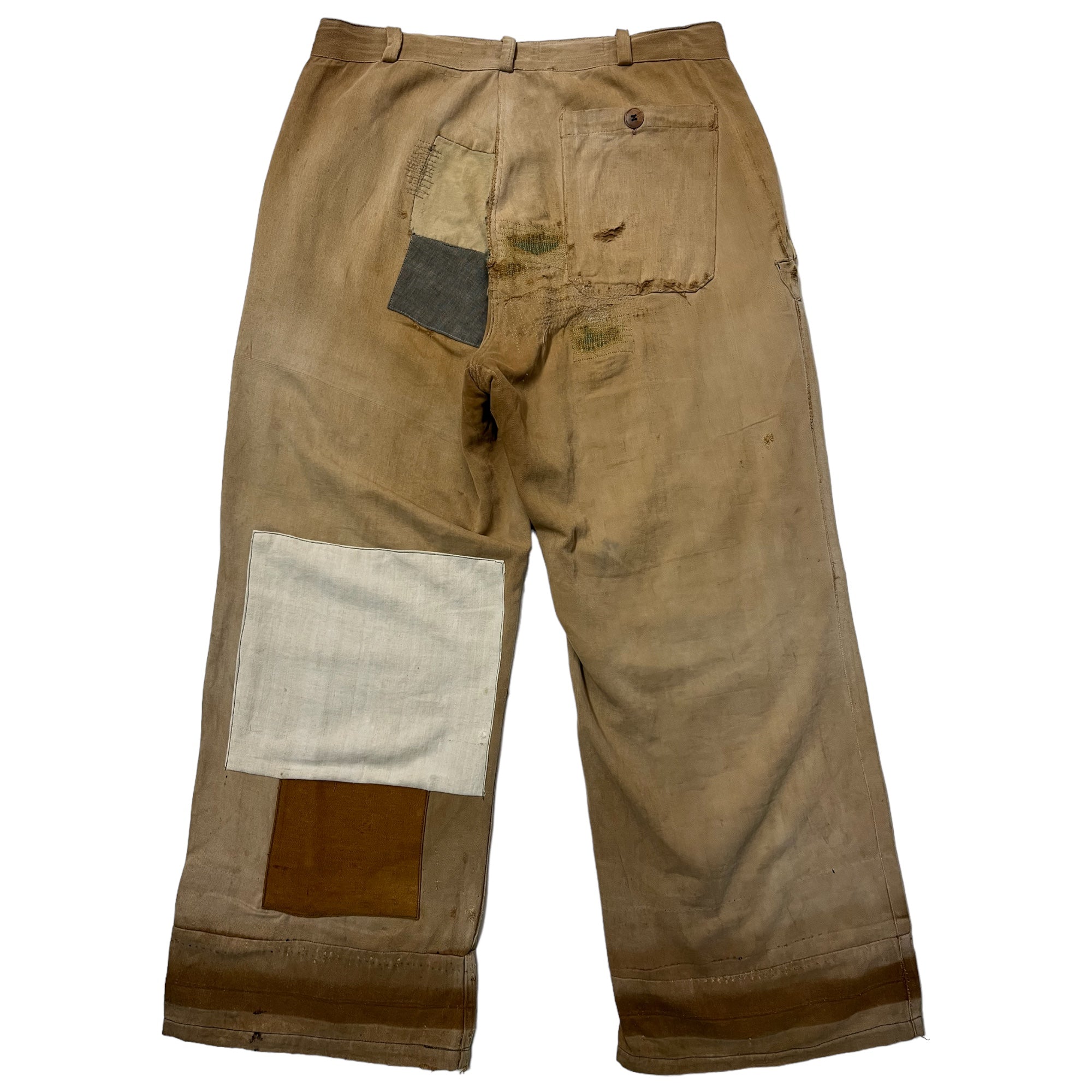 1930s Au Molinel French Tan Moleskin Heavily Repaired Work Trousers - Faded Tan - 30/27