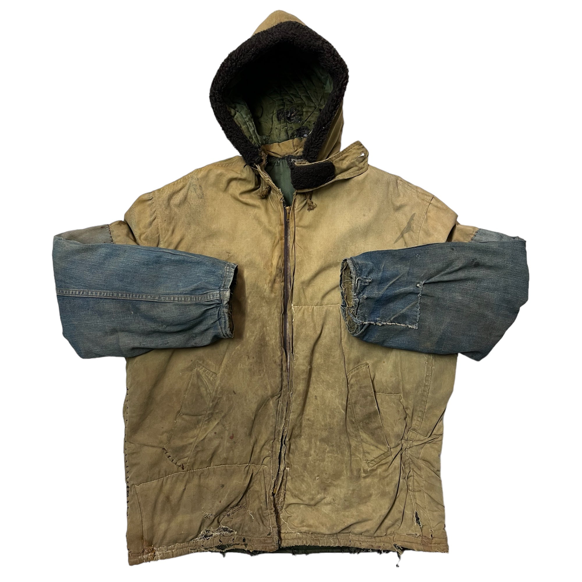 1950s/60s Distressed Civilian Deck Jacket with Denim ‘Leg’ Repaired Sleeves - Dirty Khaki Tan - M/L