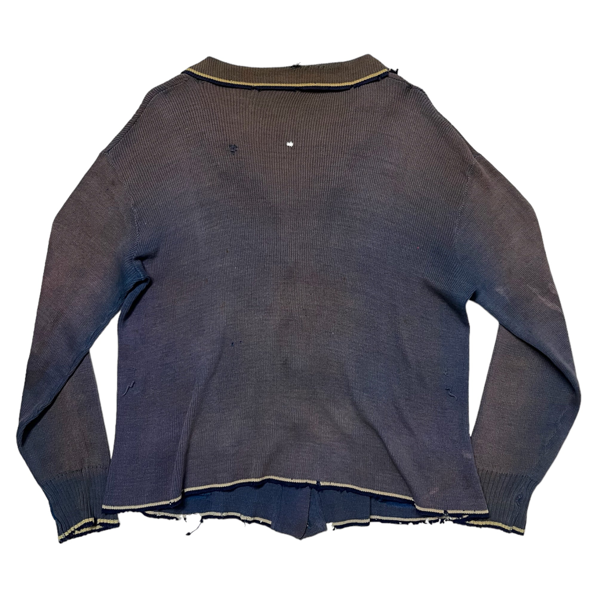 1940s Sun Faded German Knit Collared Cardigan Sweater - Blue/Brown - S/M