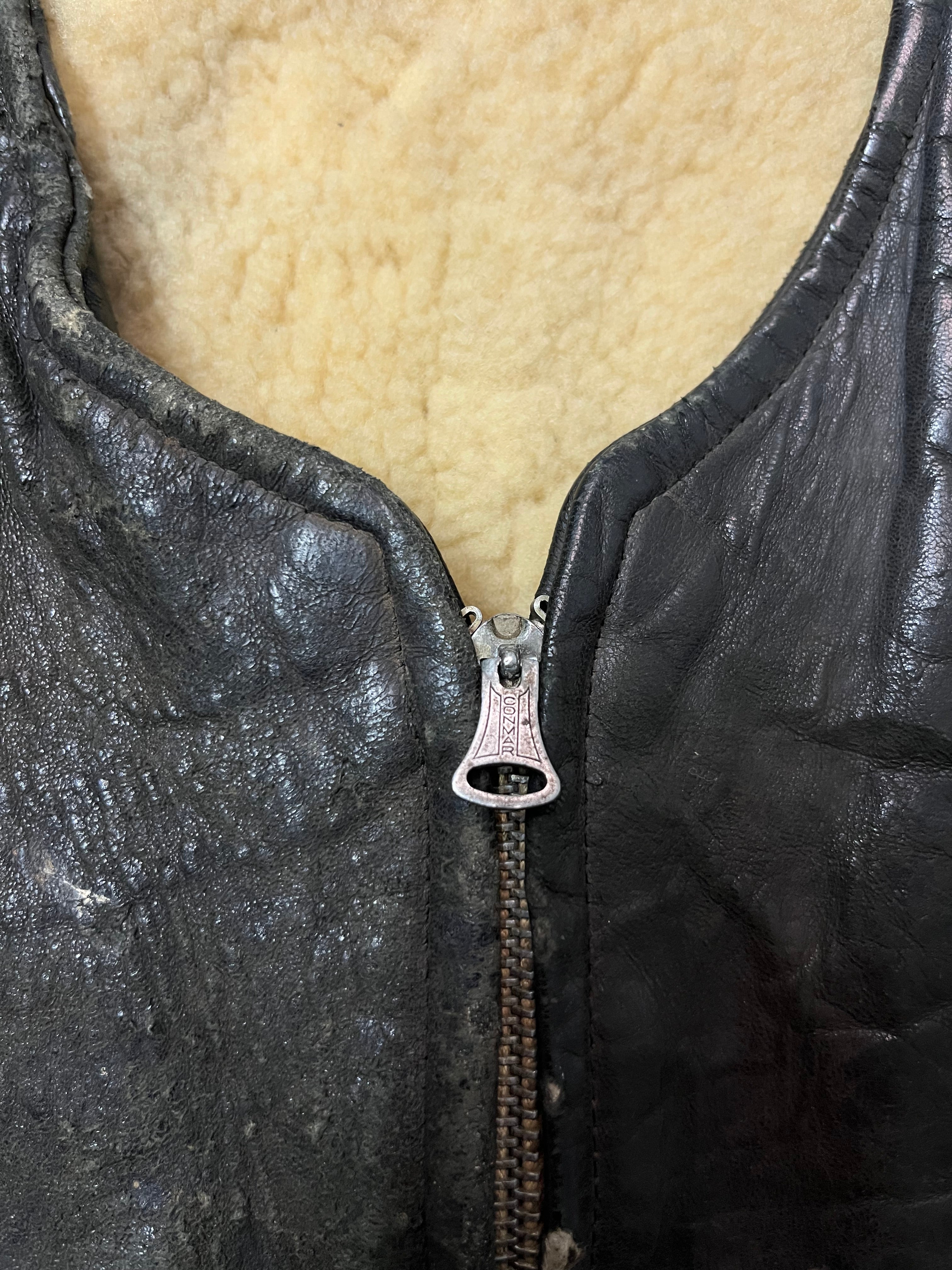 1930s Leather Shearling-Lined Vest with Fishing-Line Repair - Distressed Black - XS/S