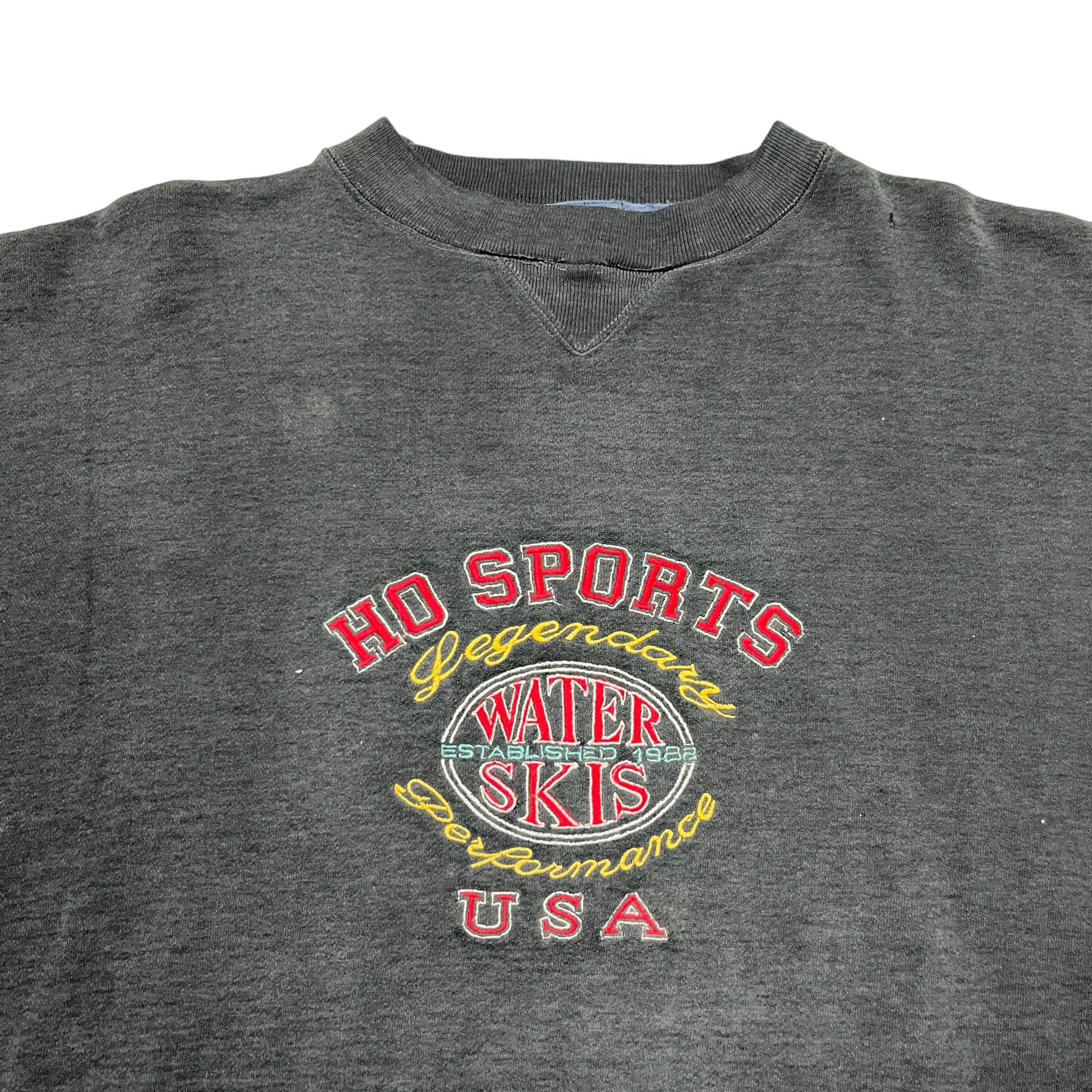 1990s Embroidered ‘Ho Sports’ Distressed Crewneck Sweatshirt - Sun Faded Black - XL