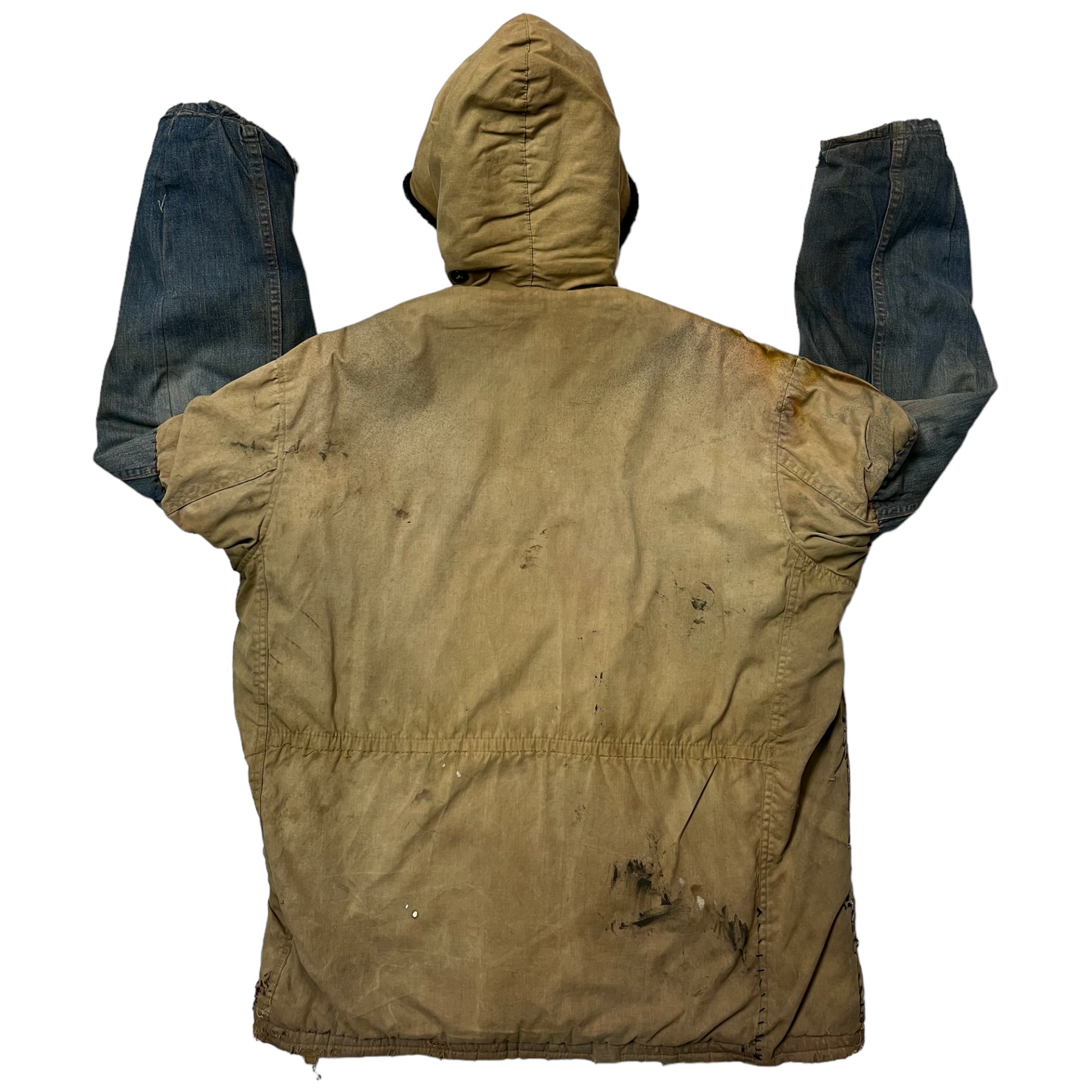 1950s/60s Distressed Civilian Deck Jacket with Denim ‘Leg’ Repaired Sleeves - Dirty Khaki Tan - M/L