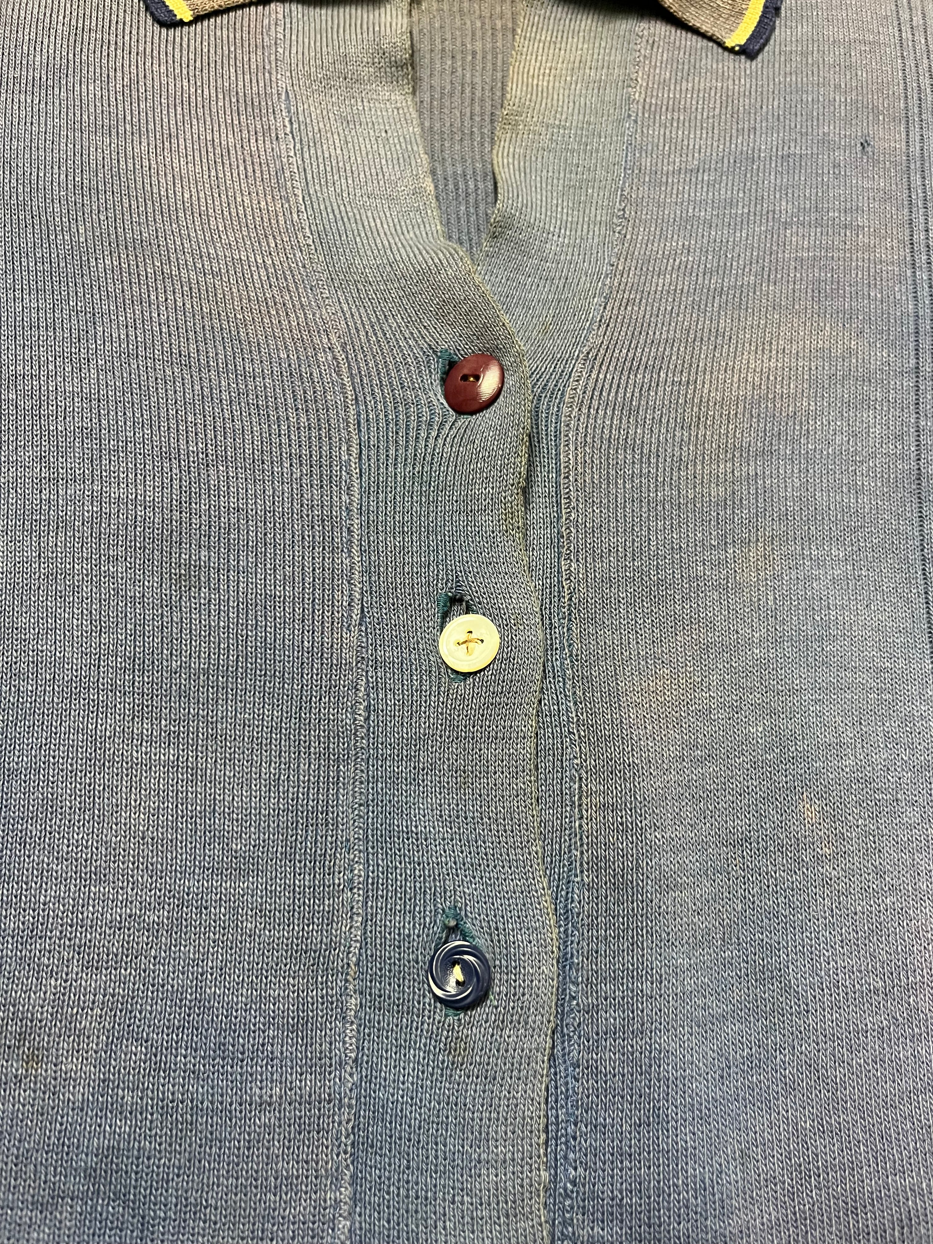 1940s Sun Faded German Knit Collared Cardigan Sweater - Blue/Brown - S/M