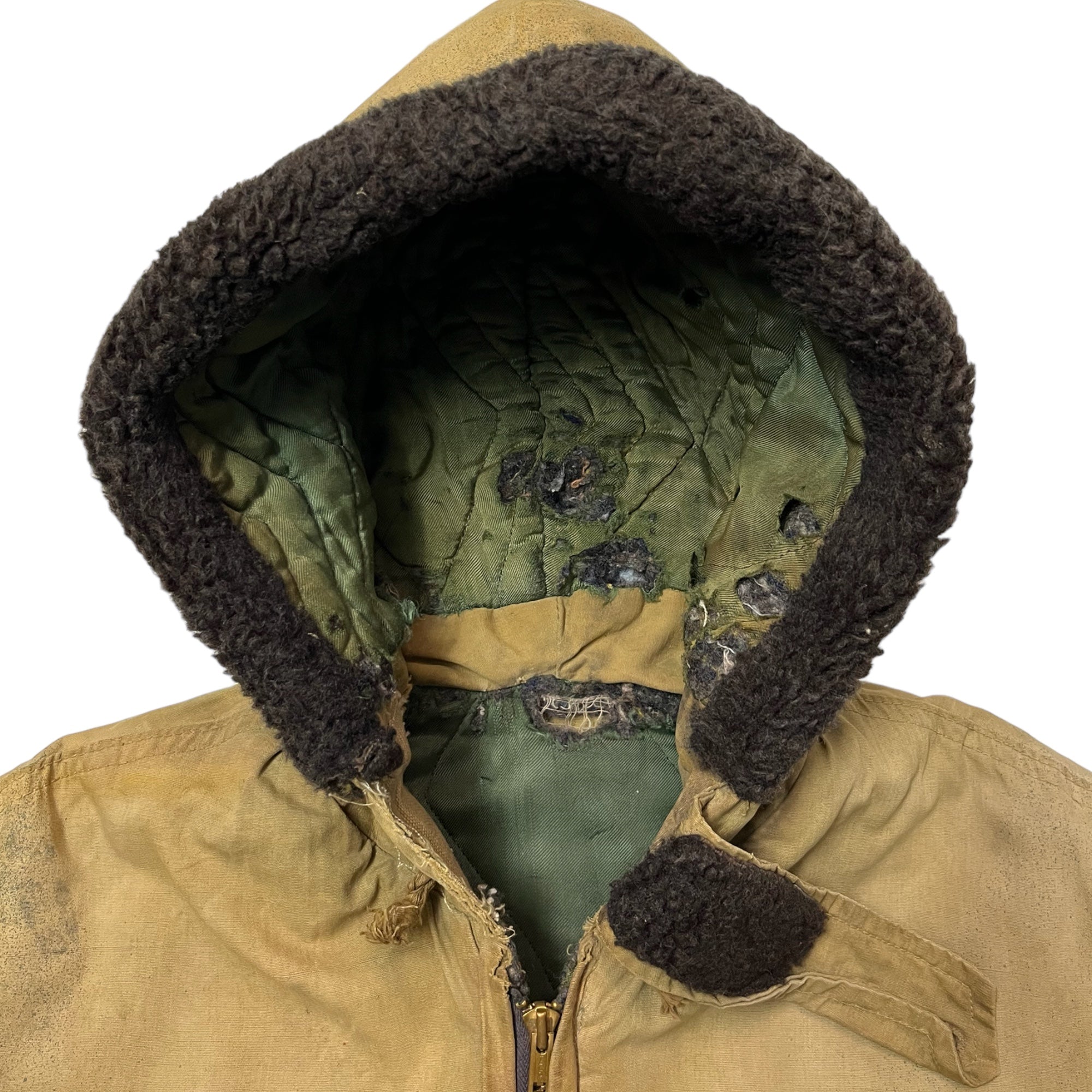 1950s/60s Distressed Civilian Deck Jacket with Denim ‘Leg’ Repaired Sleeves - Dirty Khaki Tan - M/L