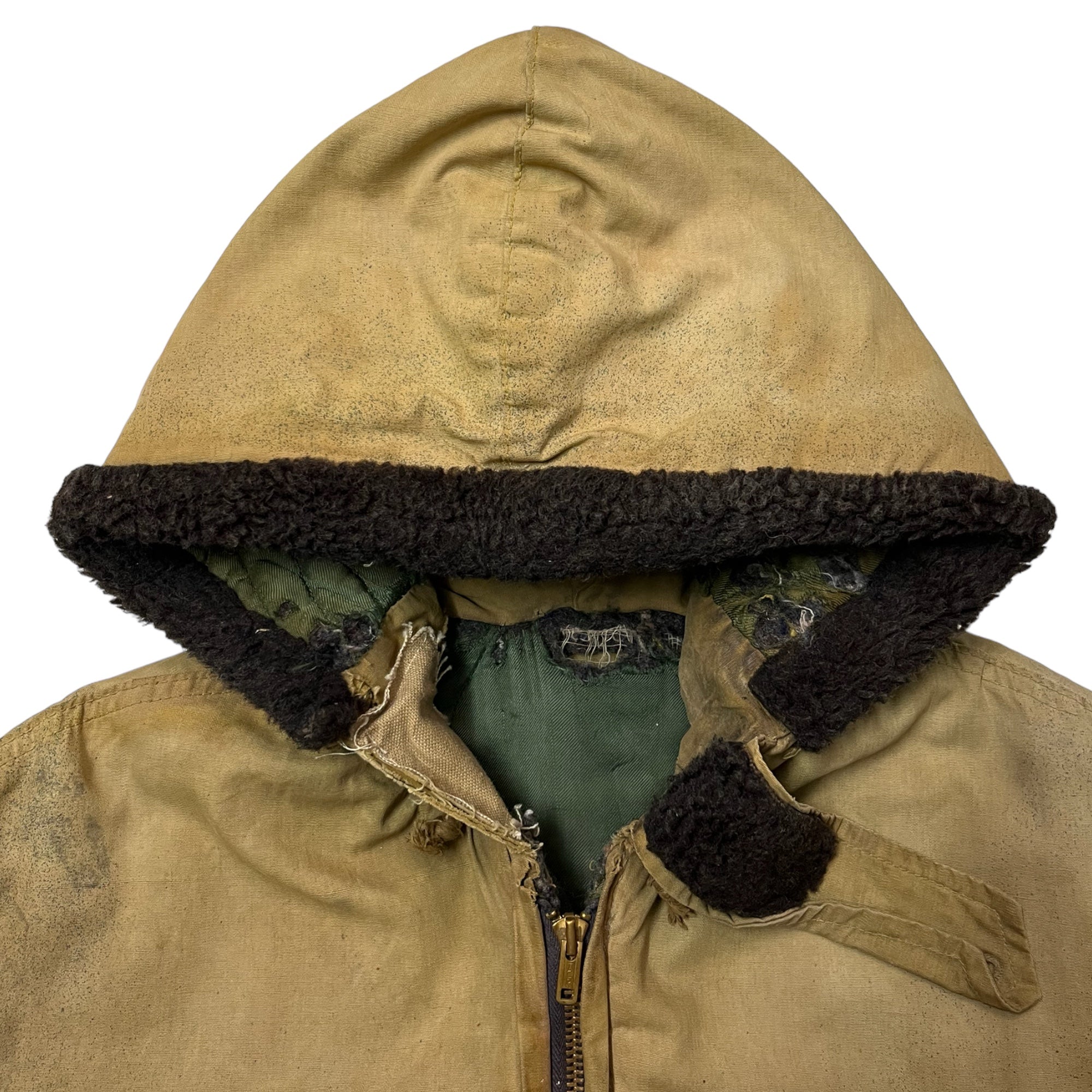 1950s/60s Distressed Civilian Deck Jacket with Denim ‘Leg’ Repaired Sleeves - Dirty Khaki Tan - M/L