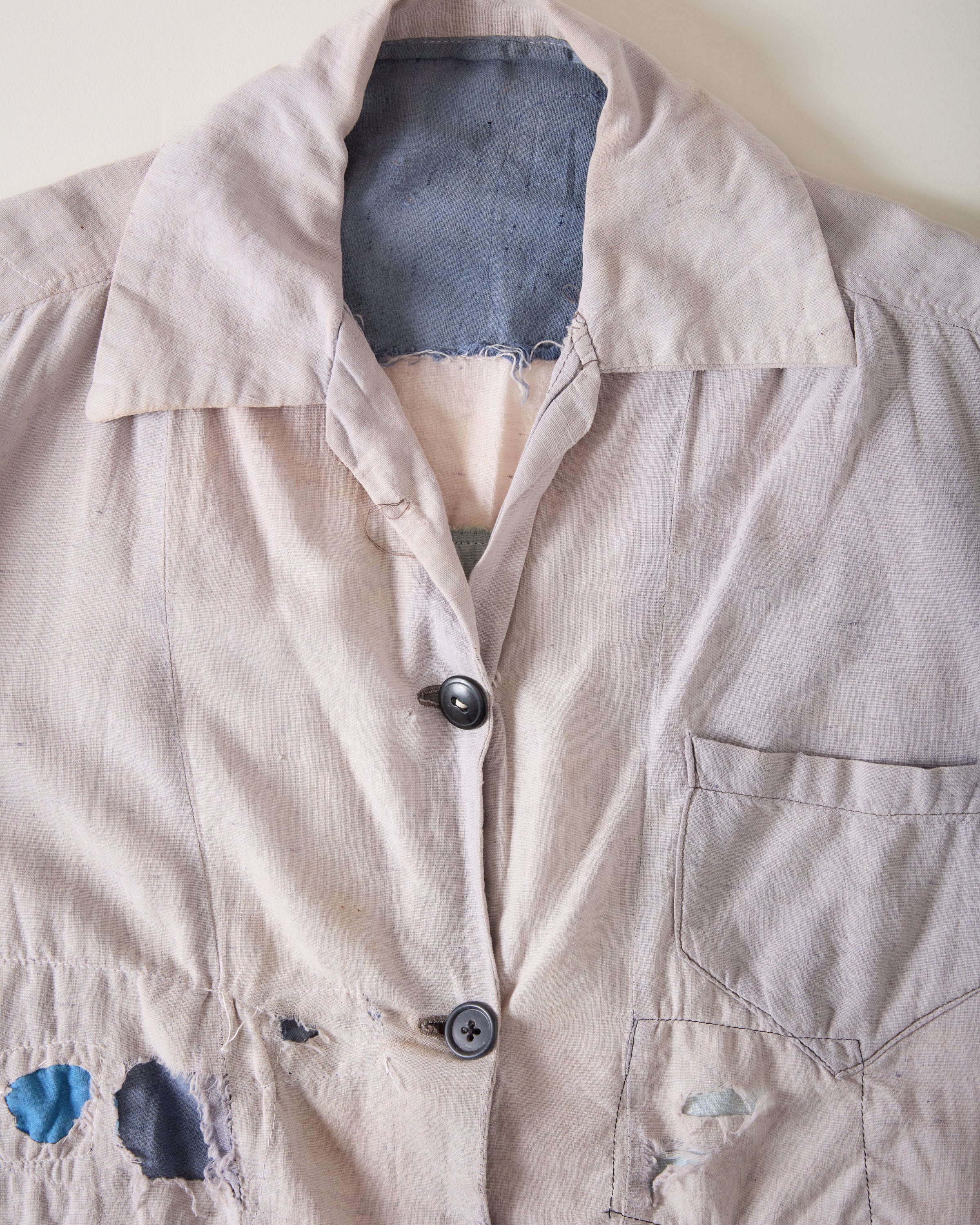 1940/50s Distressed & Repaired Women’s Linen Work Shirt - Faded Mauve/Grey - S/M