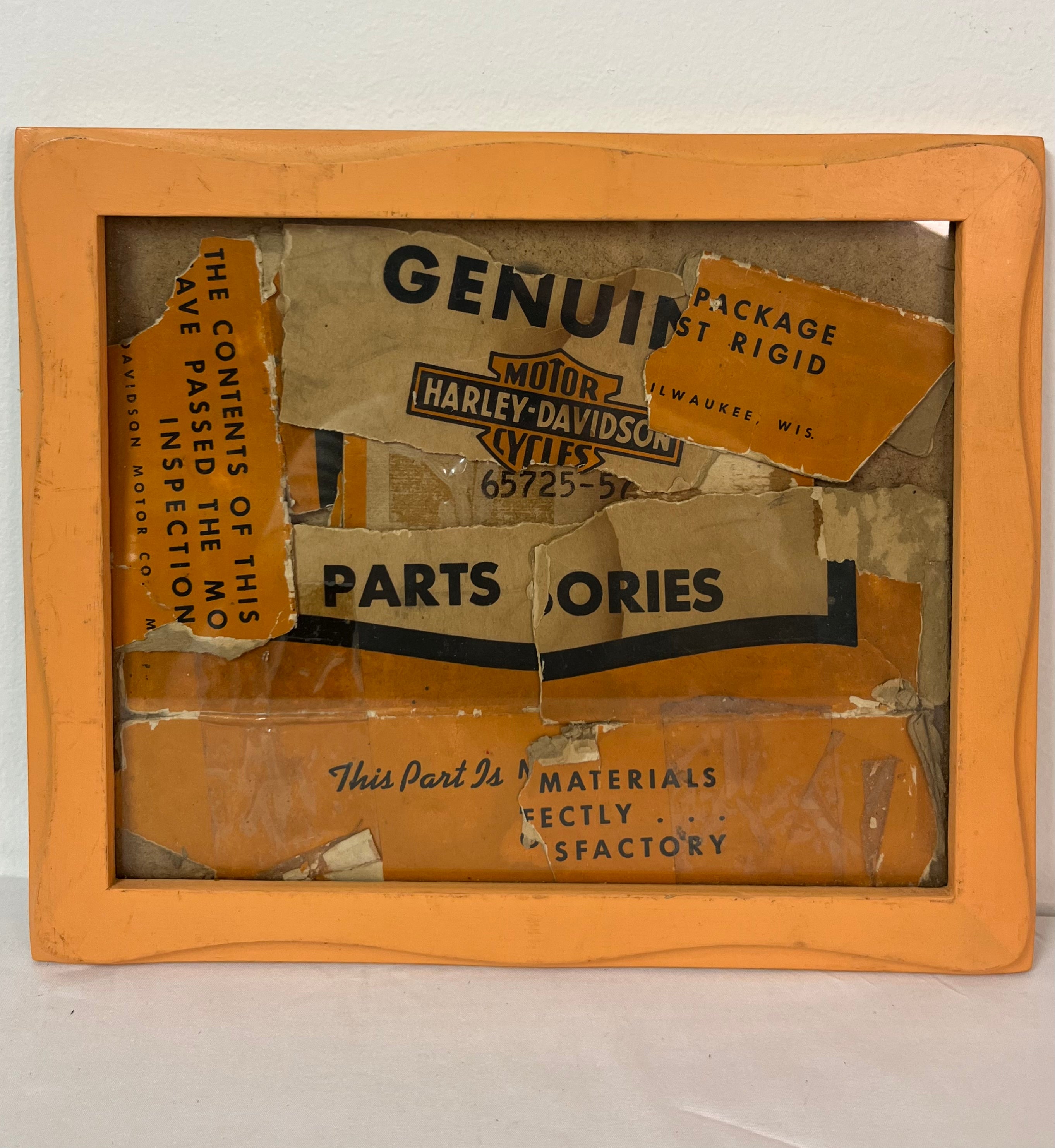 Harley Davidson Folk Art Parts Box Assemblage in Original Matching Orange Frame
