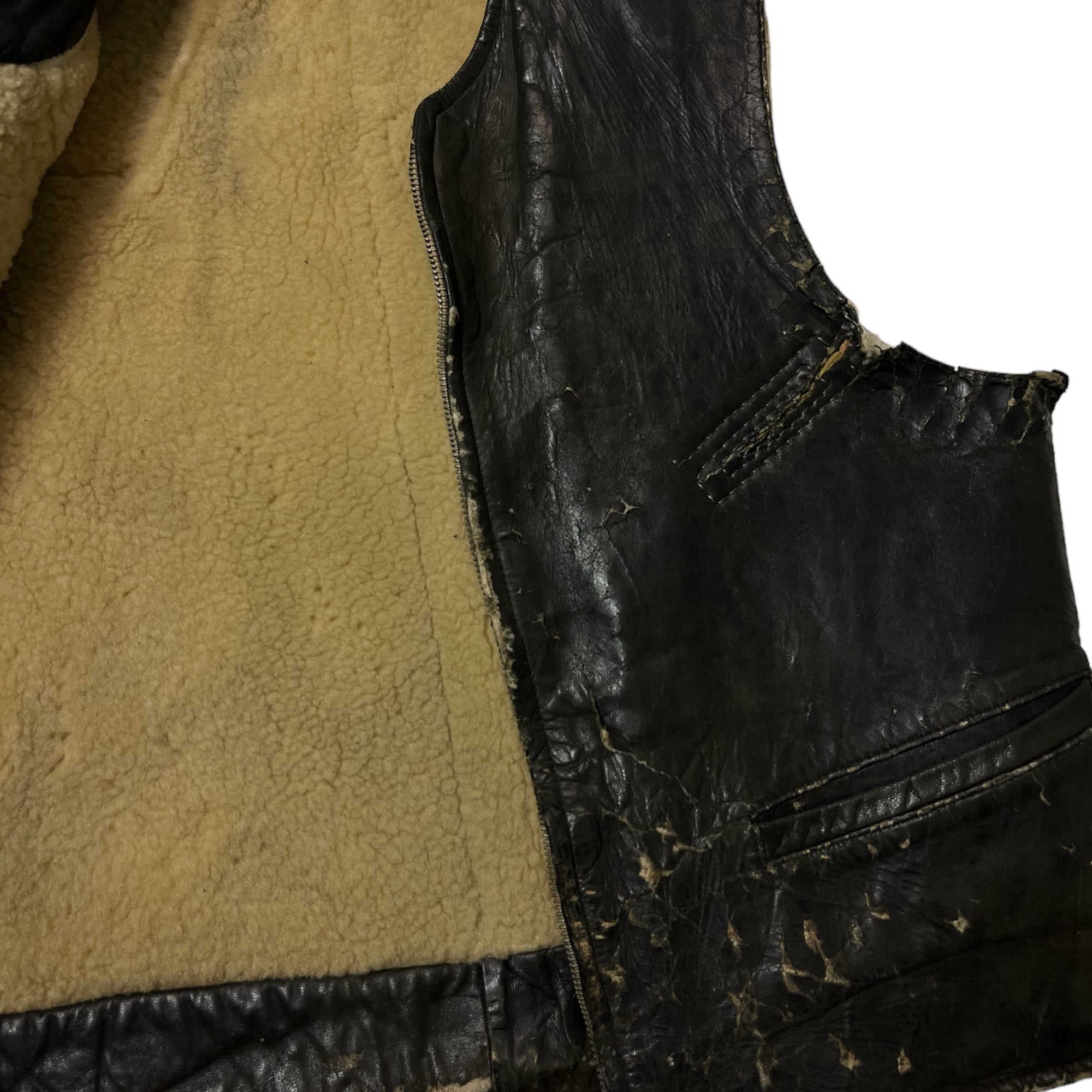 1930s Leather Shearling-Lined Vest with Fishing-Line Repair - Distressed Black - XS/S