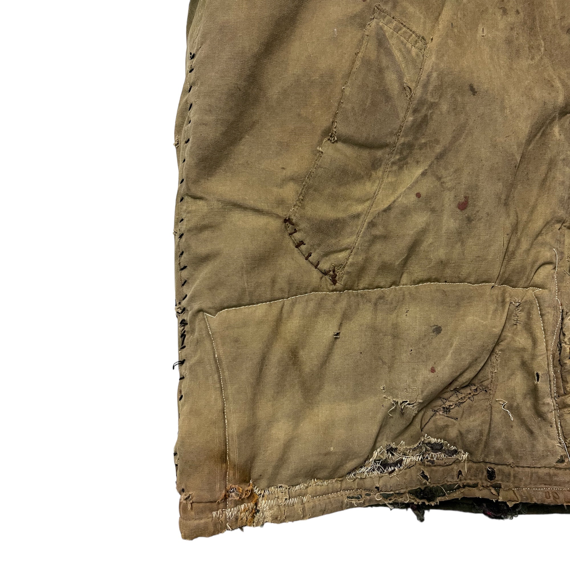 1950s/60s Distressed Civilian Deck Jacket with Denim ‘Leg’ Repaired Sleeves - Dirty Khaki Tan - M/L