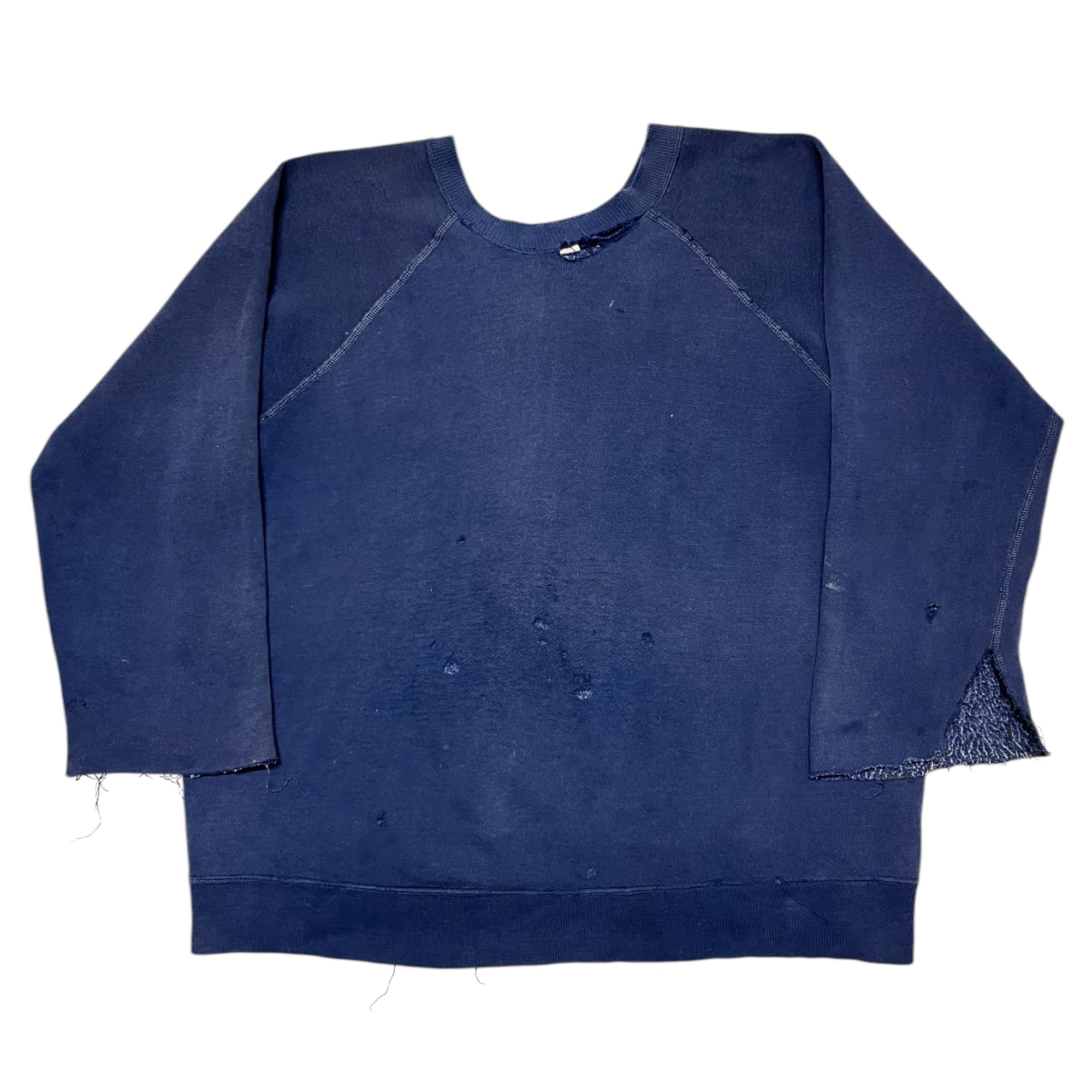 1970s Distressed Raglan Crewneck Sweatshirt - Faded Navy - M/L