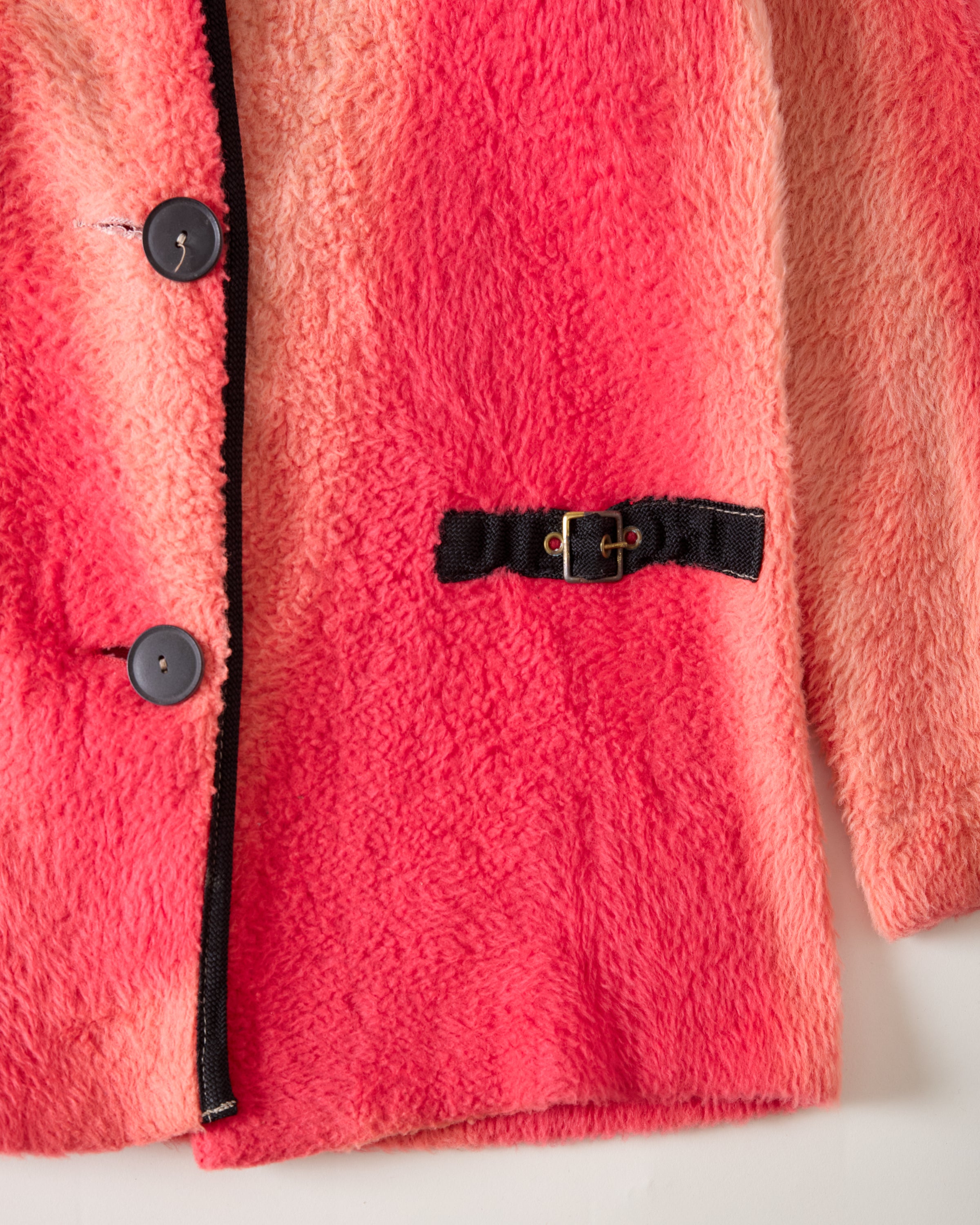 1970s Sun Drenched Fleece ‘Fauxhair’ Sweater with Button Closure - Faded Hot Pink/Infrared - M