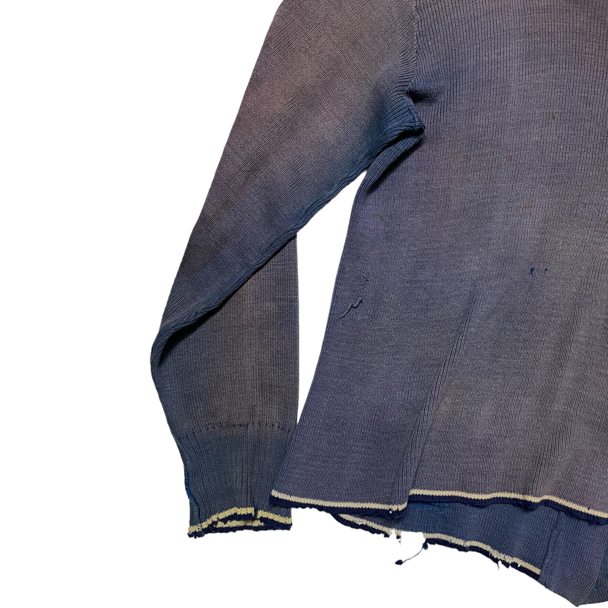 1940s Sun Faded German Knit Collared Cardigan Sweater - Blue/Brown - S/M