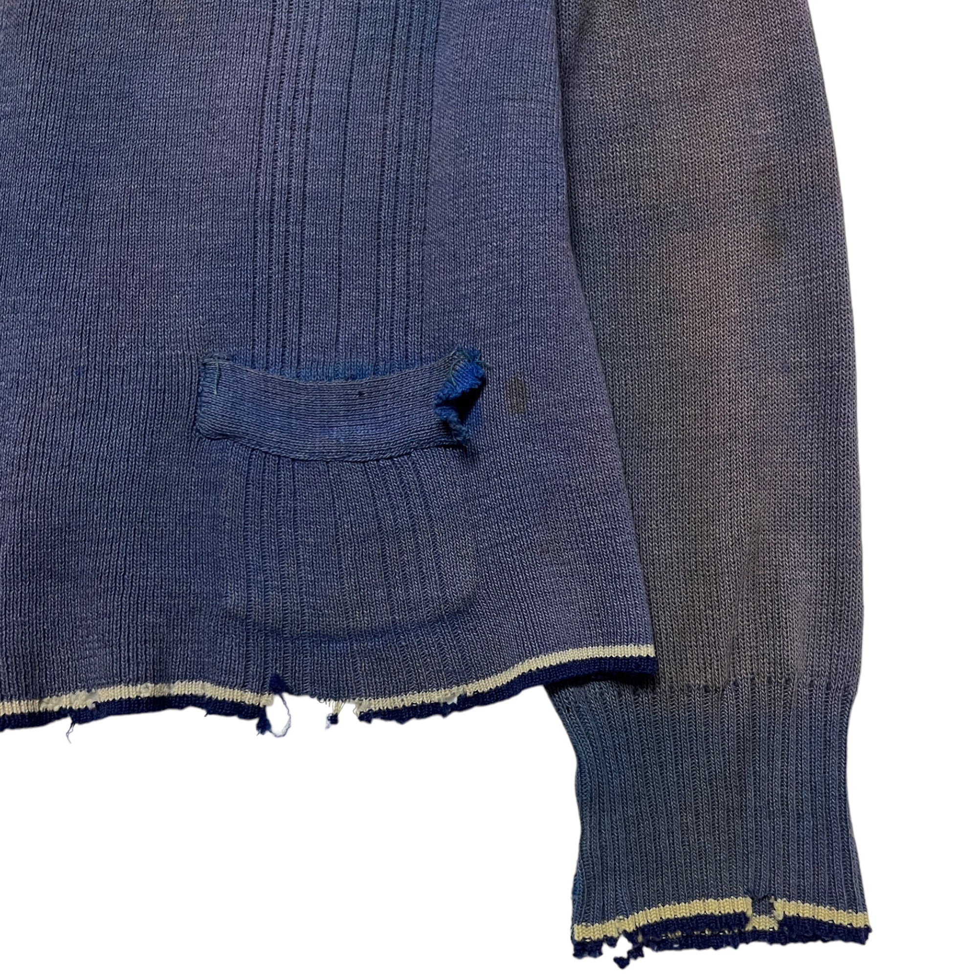 1940s Sun Faded German Knit Collared Cardigan Sweater - Blue/Brown - S/M