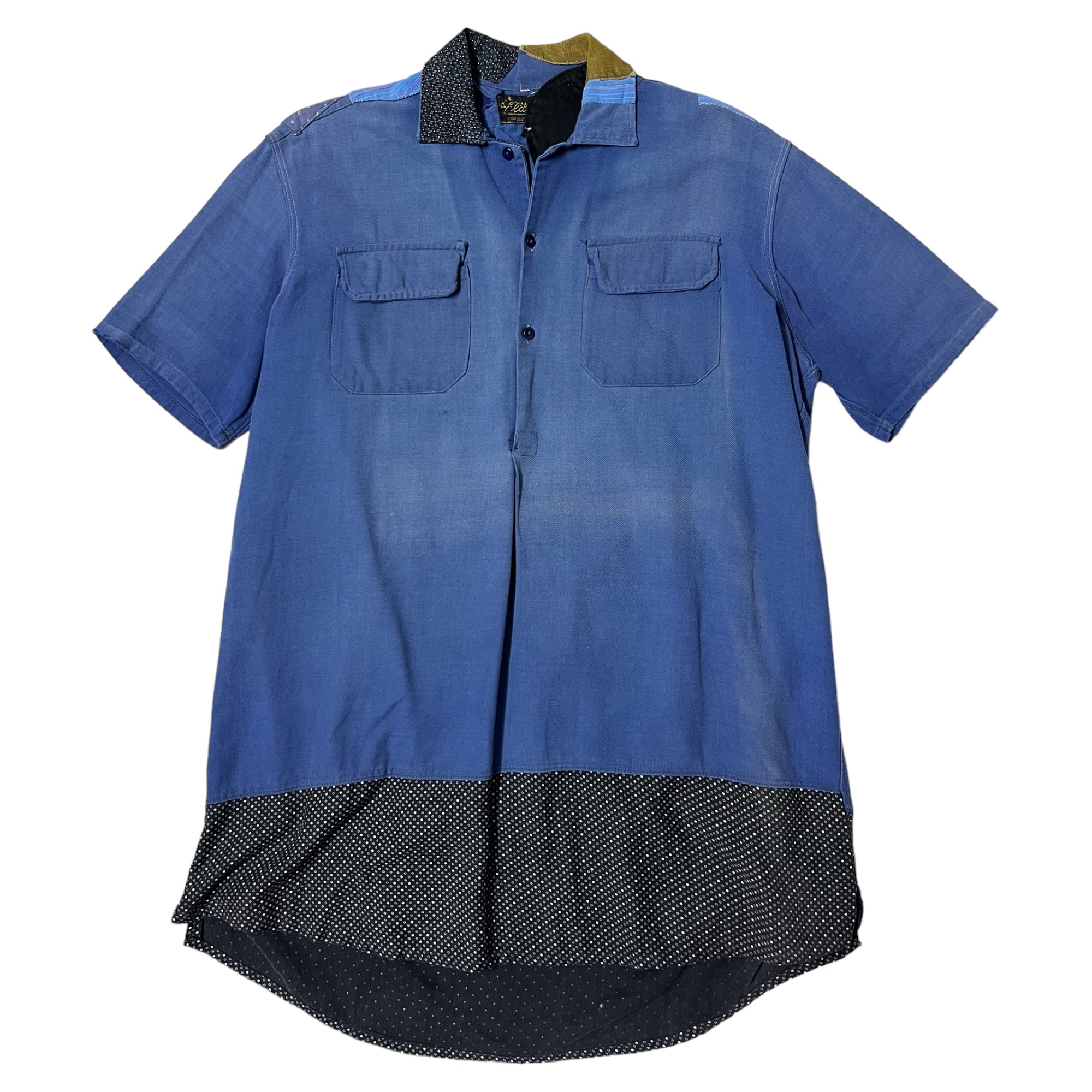 1930s/40s Repaired & Patched French Work Shirt/Smock Shirt - Faded Blue - L