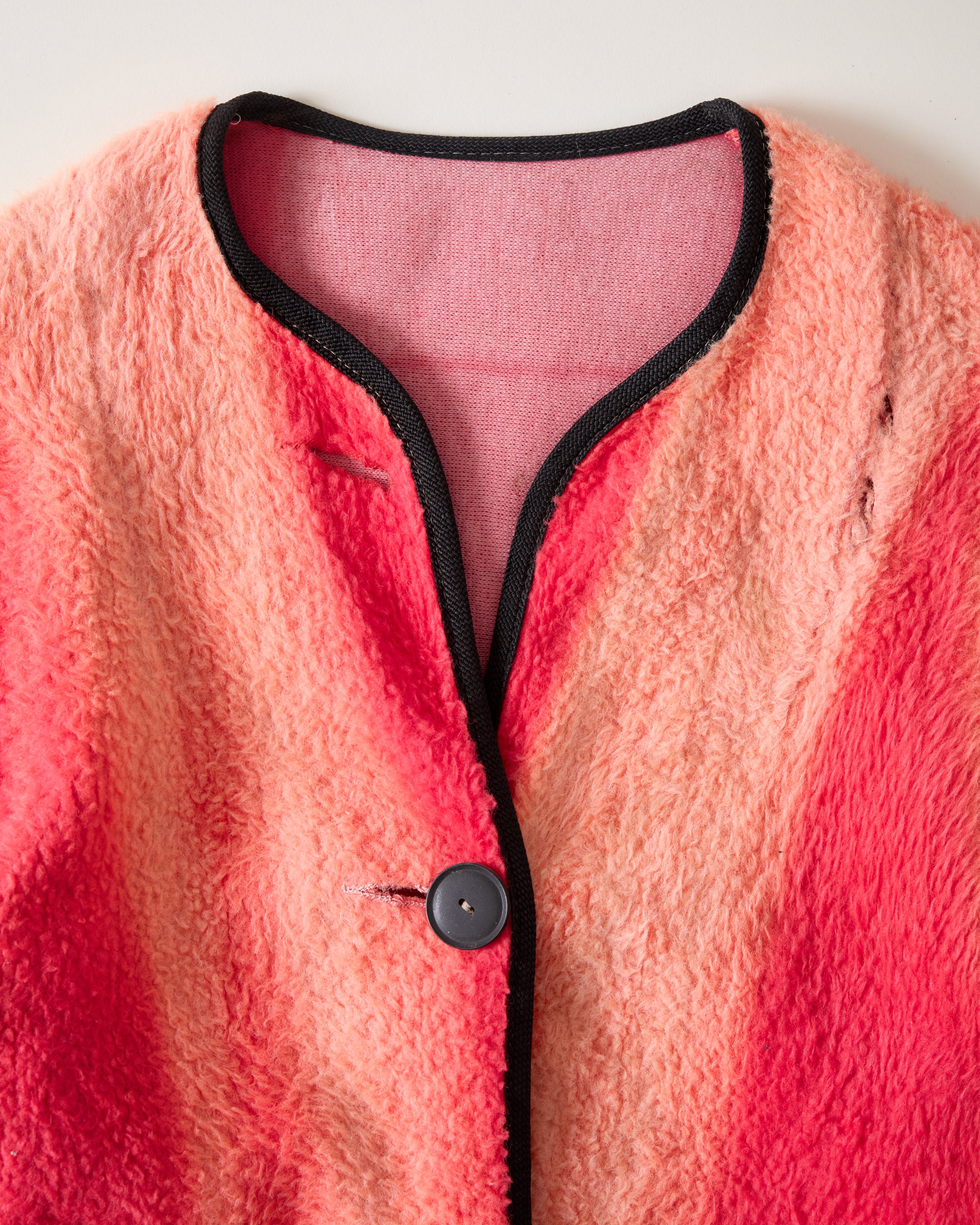 1970s Sun Drenched Fleece ‘Fauxhair’ Sweater with Button Closure - Faded Hot Pink/Infrared - M