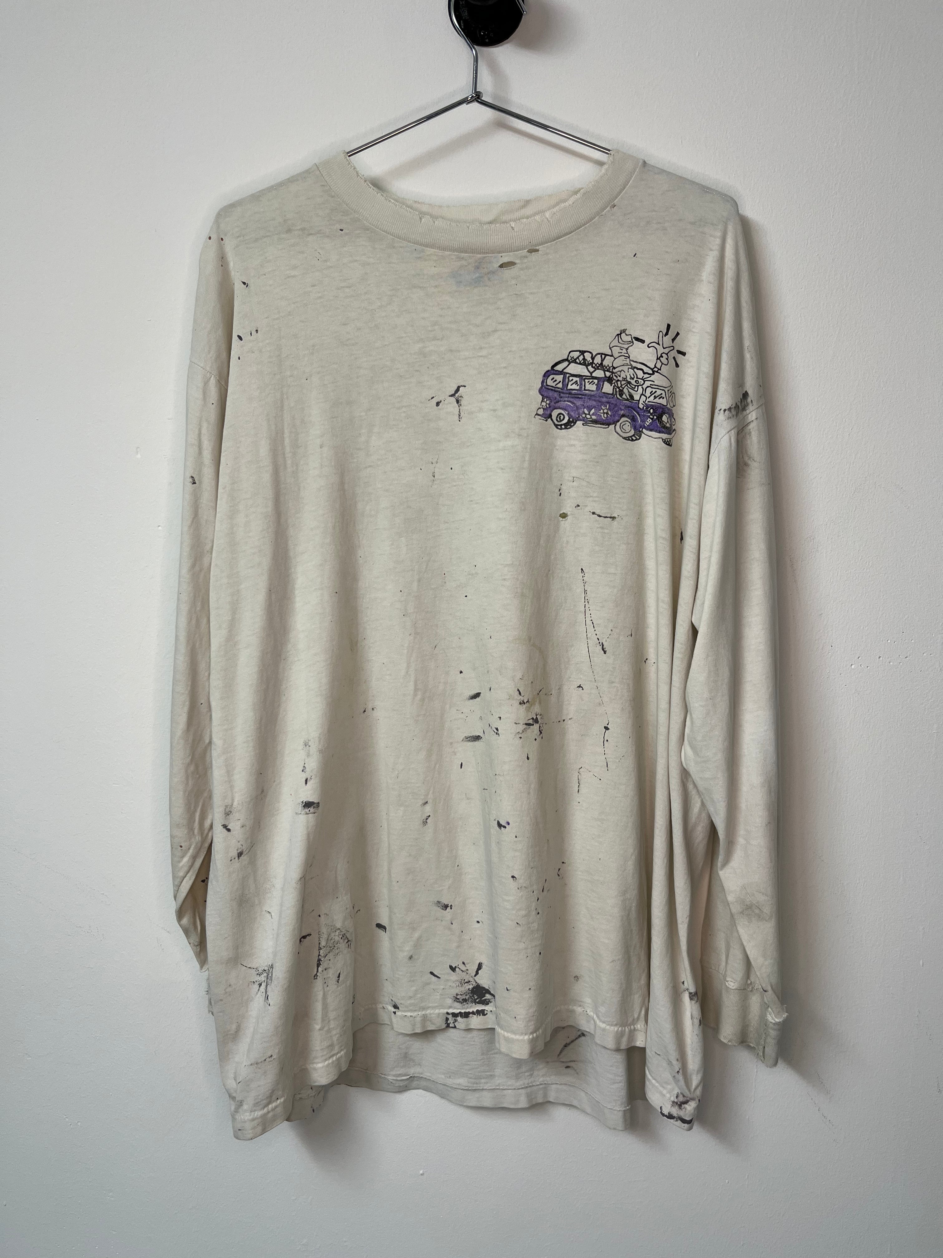 90s Truckin’ Around Hippie Distressed Long-Sleeve T-Shirt - Aged White - XL