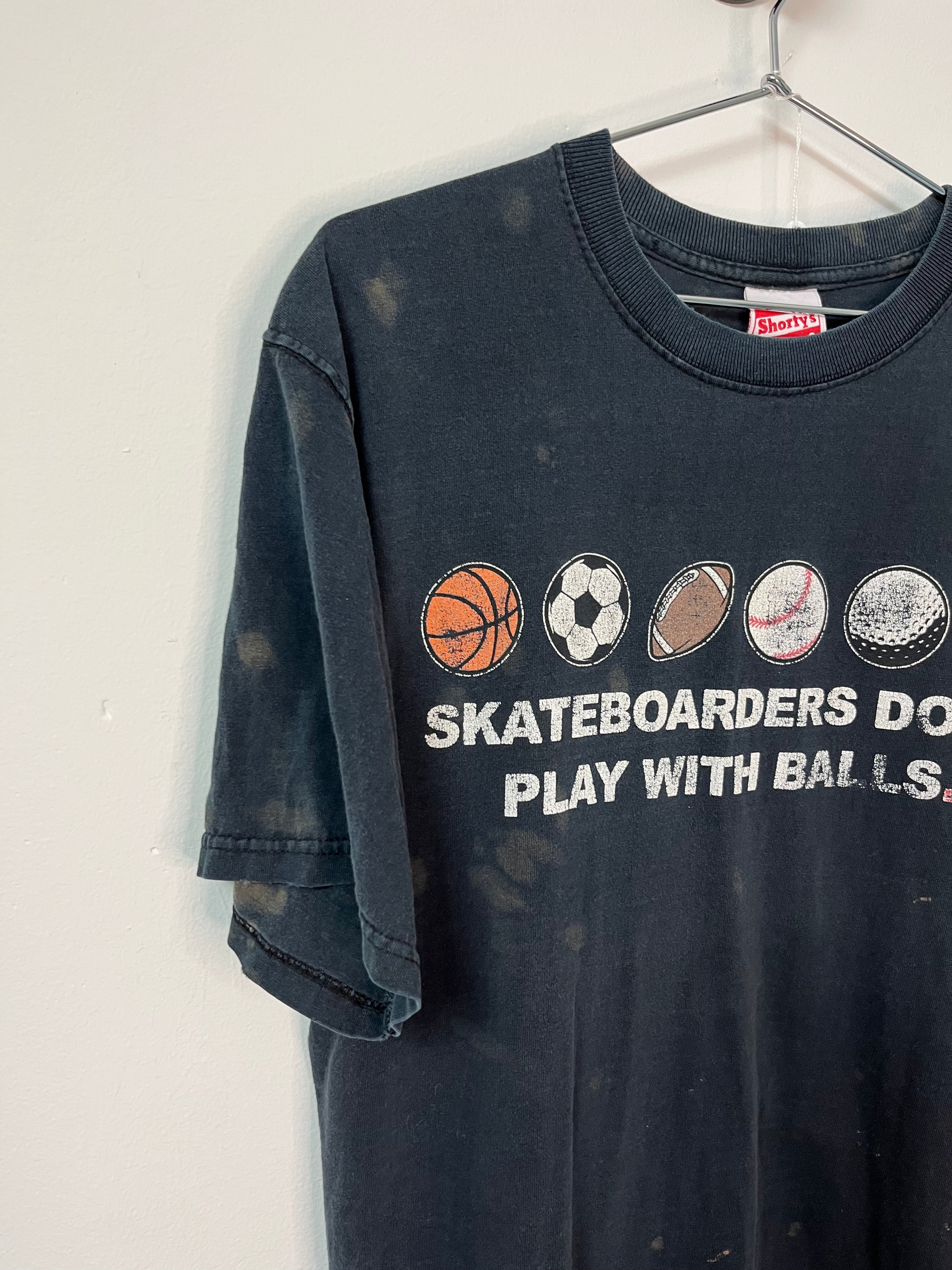 90s Shorty’s Skateboards ‘Don’t Play With Balls’ Thrashed T-Shirt - Faded Black - M/L