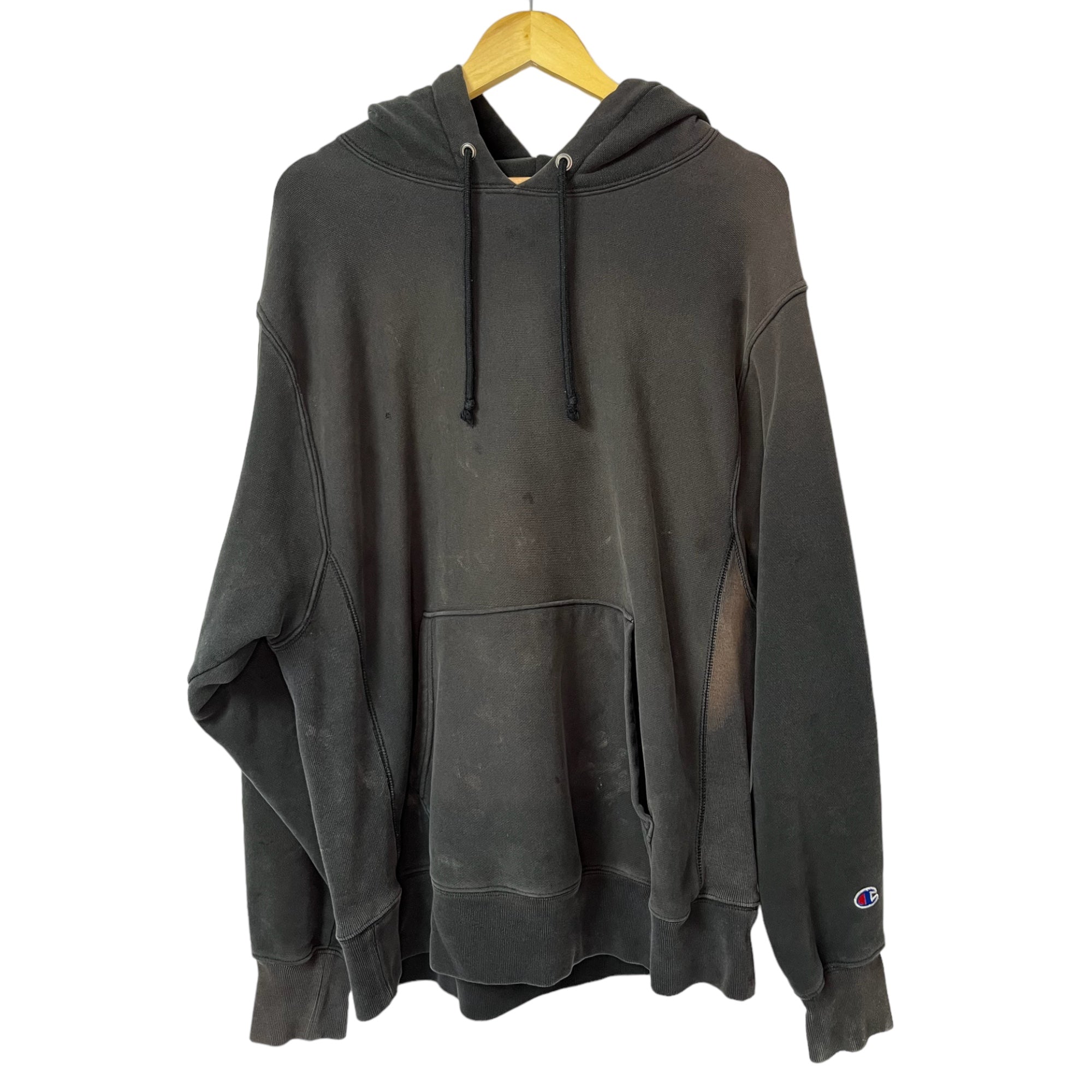 90s Vintage Champion Reverse Weave Distressed Hooded Sweatshirt - Faded Black - L/XL