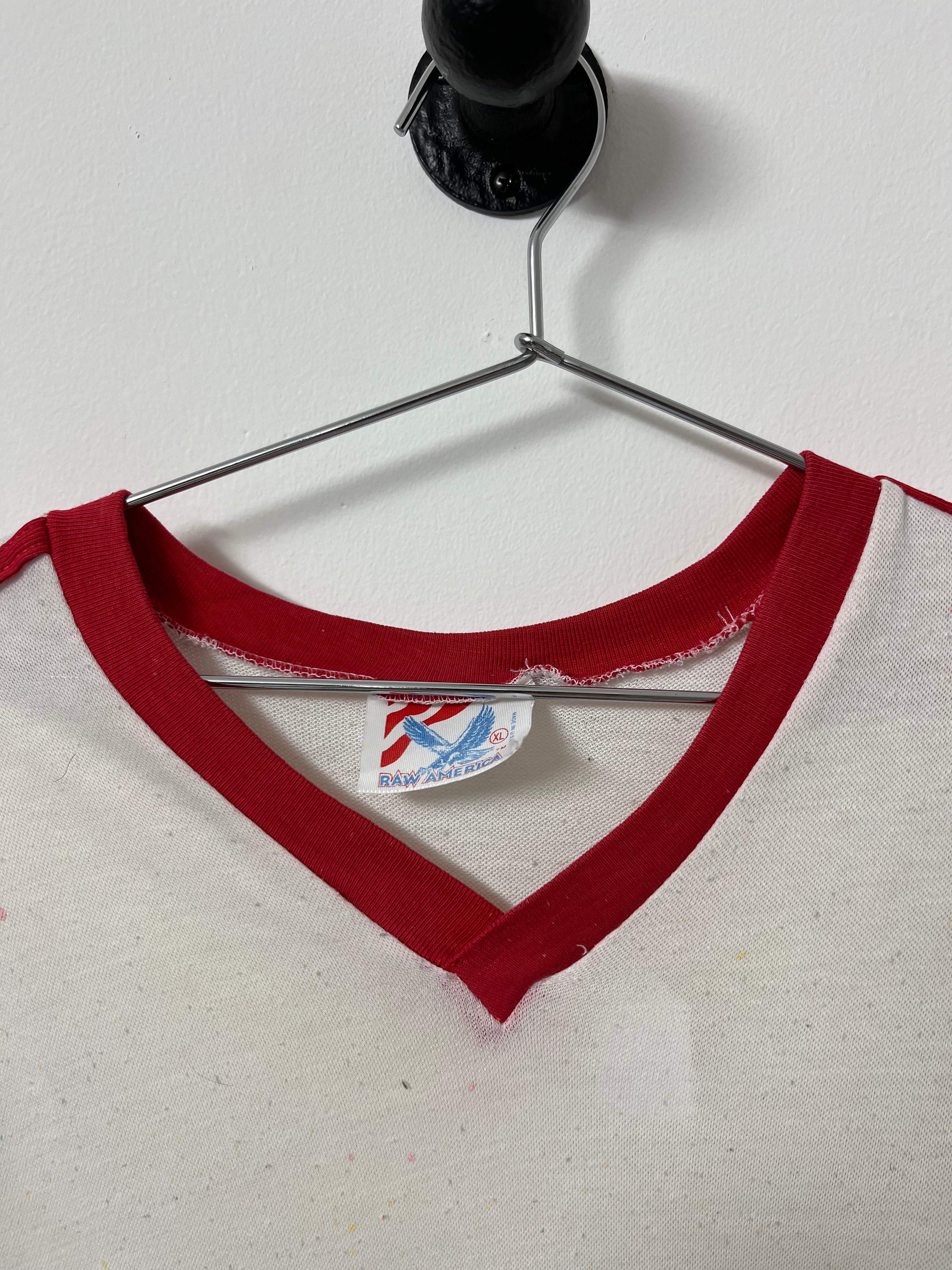 1970s/80s Striped and Trimmed V-Neck Ringer T-Shirt - White/Red - M