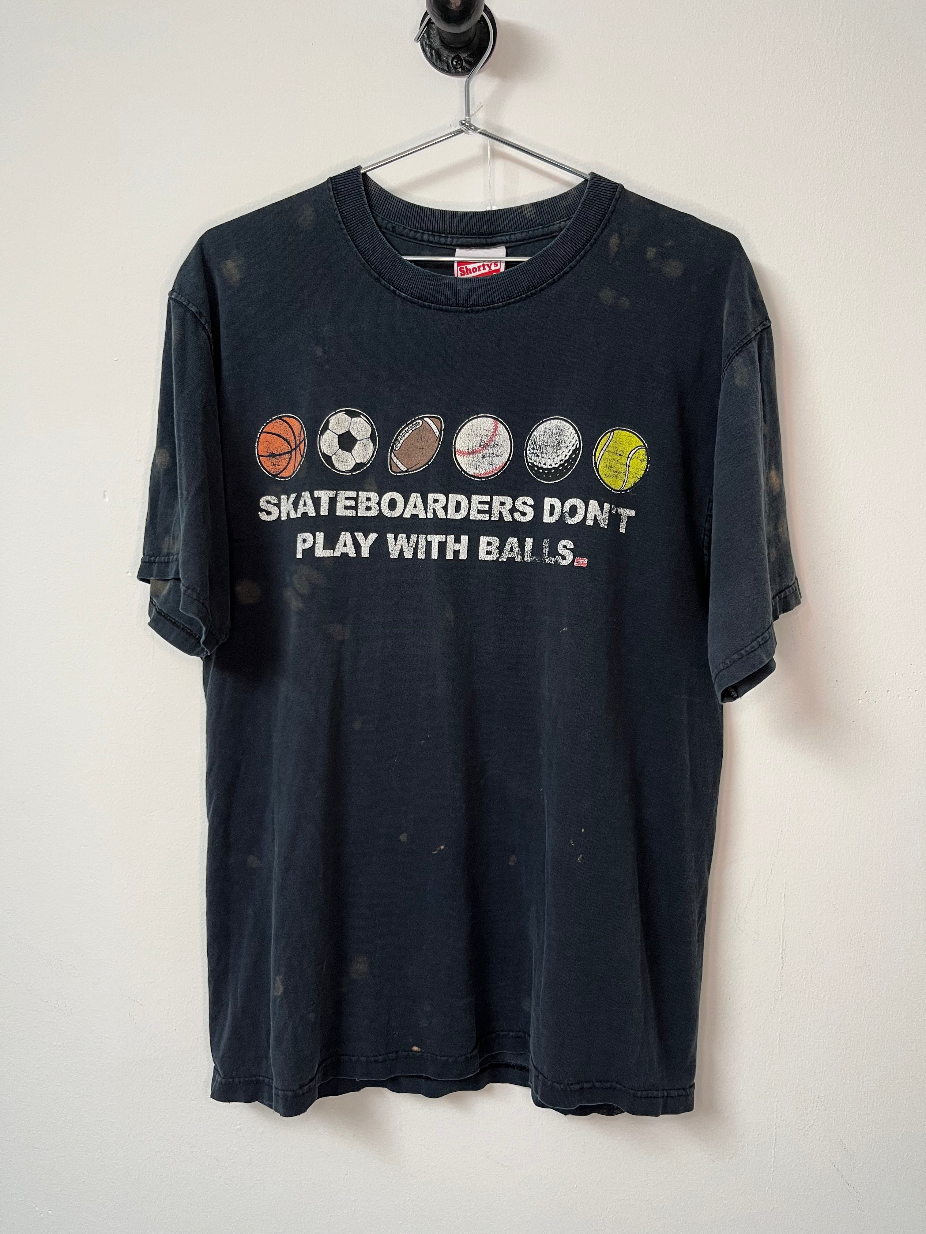 90s Shorty’s Skateboards ‘Don’t Play With Balls’ Thrashed T-Shirt - Faded Black - M/L